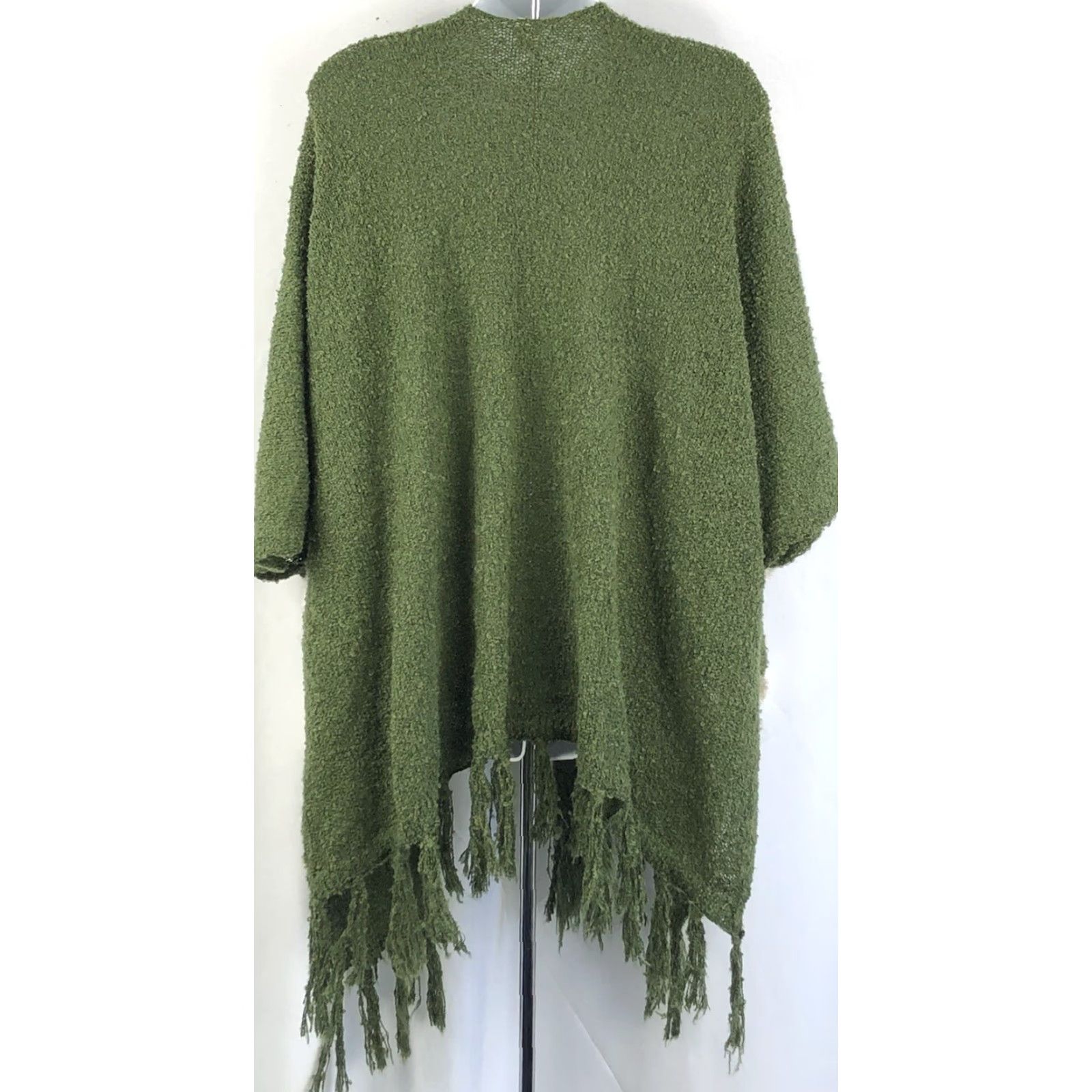 Vintage VINTAGE Green/Ivory Tassel Fringe Knit Shawl Wrap One Size Women Bohemian Hippie Cozy Wrap Size ONE SIZE - 3 Thumbnail