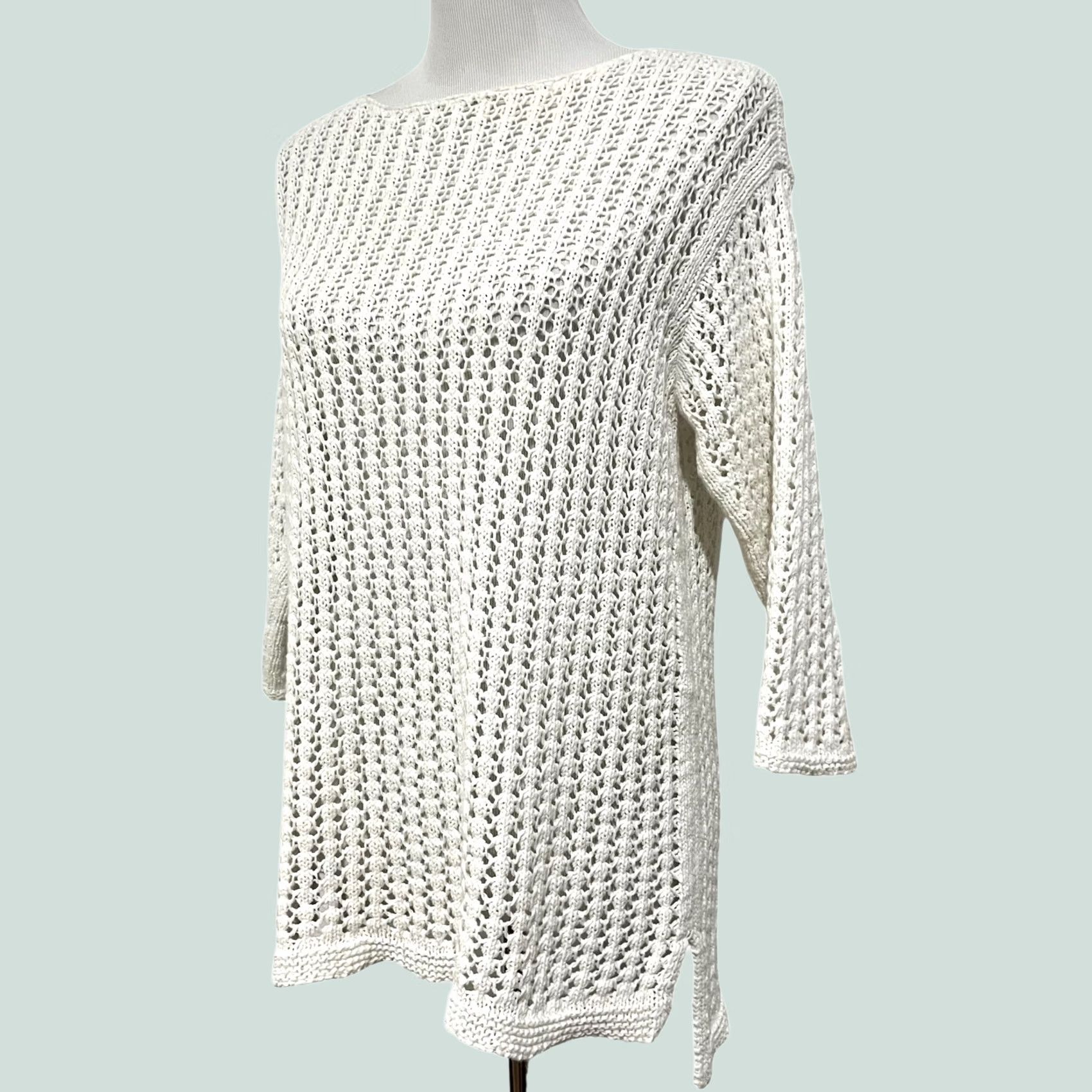 J. Jill J.Jill Open Knit Tunic Sweater Cotton Blend White Coastal Quiet Luxury Womens S Shirt Size S / US 4 / IT 40 - 1 Thumbnail