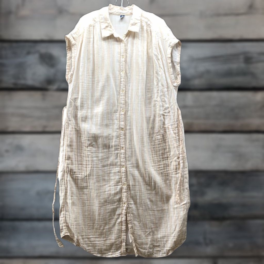 Old Navy Old Navy Shirt Dress XL Short Sleeve Beige White Striped Tie Waist Pockets Linen Midi Casual Casual Womens Size XL / US 12-14 / IT 48-50 - 1 Thumbnail
