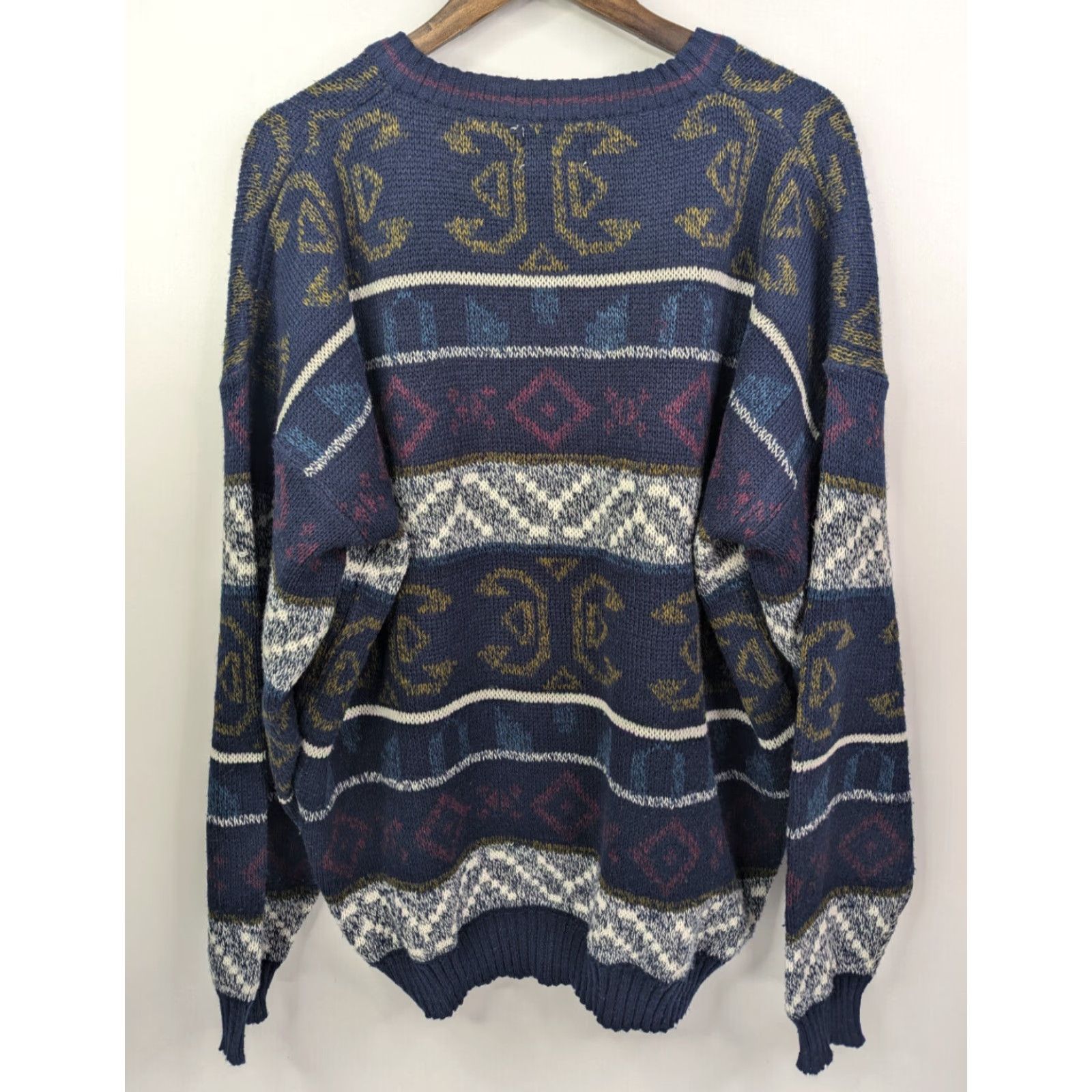 Vintage VINTAGE Piccadilly Mens XLT Navy Geometric Crew Neck Sweater 80s Big & Tall Pullover Knit Acrylic Size US XL / EU 56 / 4 - 4 Thumbnail