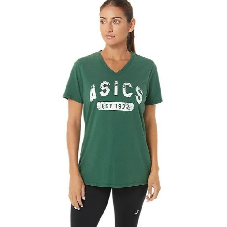 Asics ASICS Women's Short Sleeve Est 1977 V-Neck T-shirt, Hunter G Size XS / US 0-2 / IT 36-38 - 1 Thumbnail