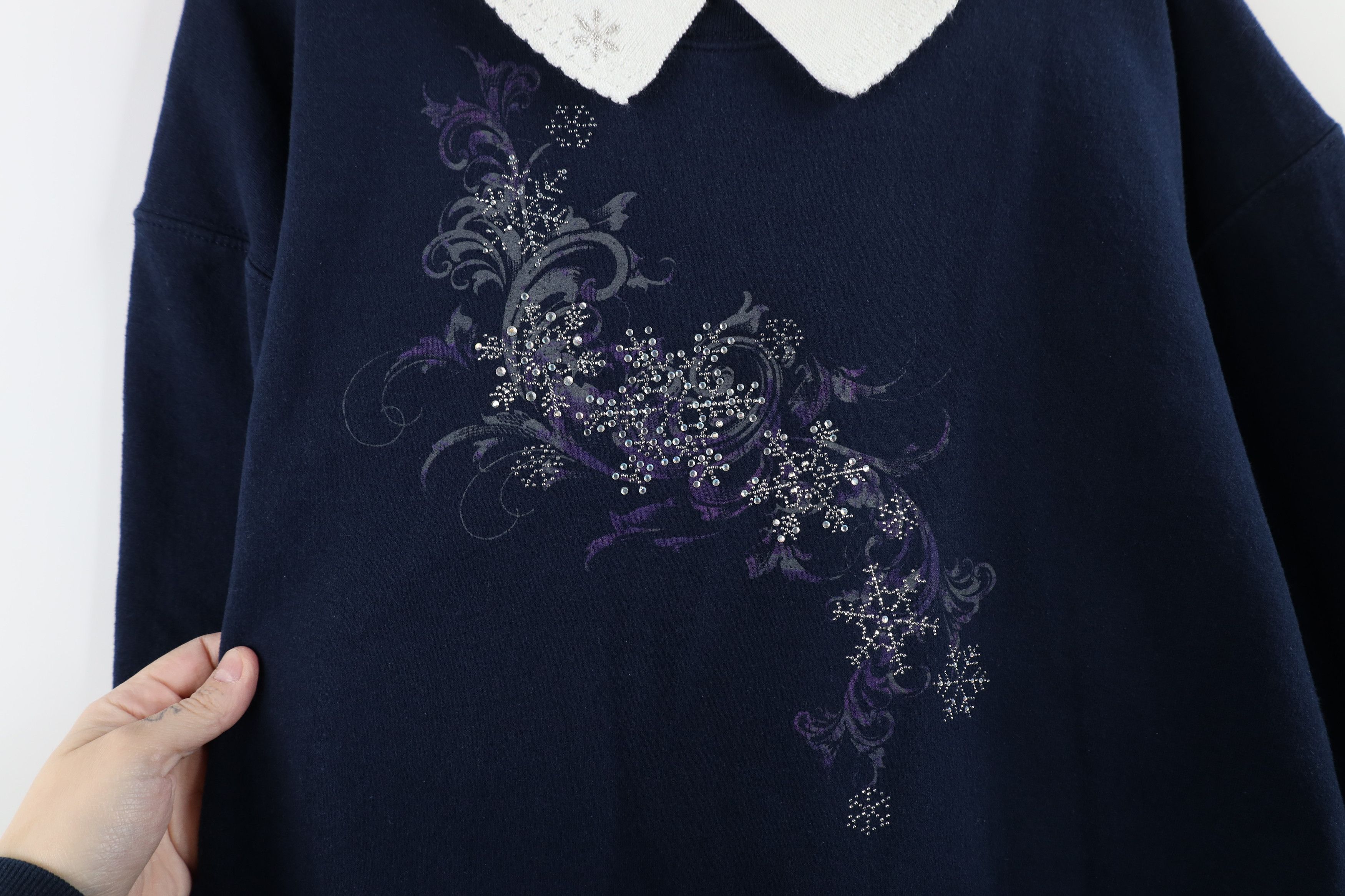 Vintage Vintage 90s Sequin Snowflake Tribal Collared Sweatshirt Blue Size XXL / US 16-18 / IT 52-54 - 5 Thumbnail