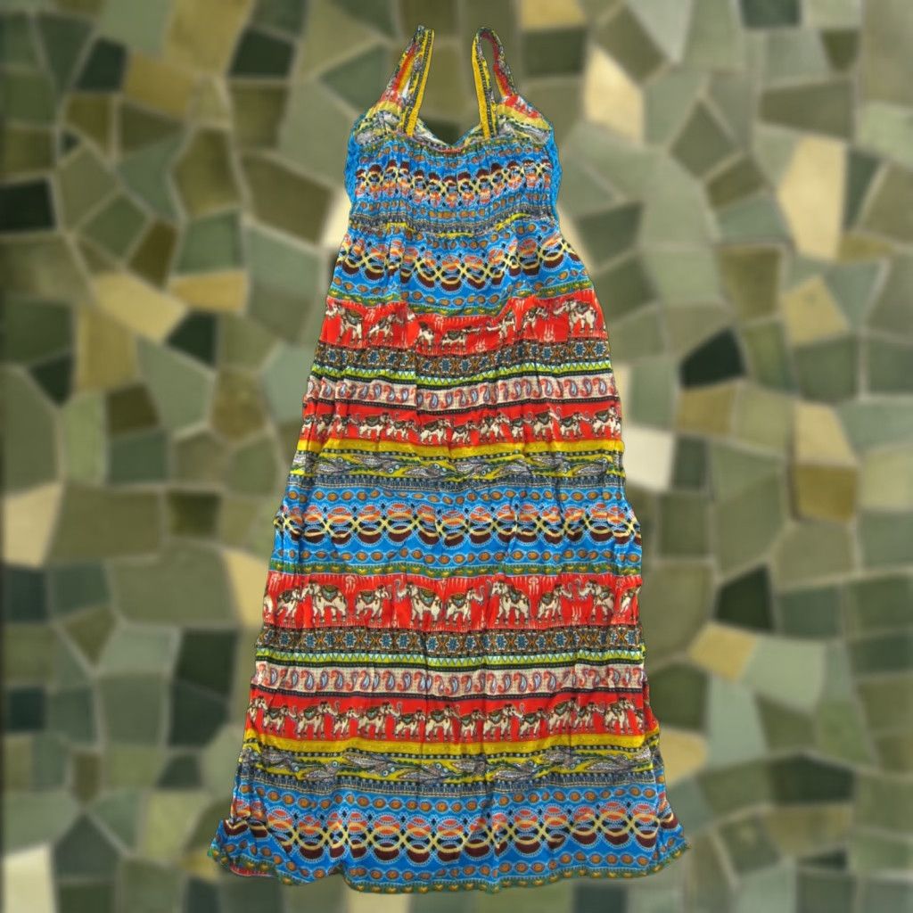 Vintage Elephant Floral Rayon Sun Dress Maxi Long Crochet Knit Tank Blue Red Yellow S-M Size S / US 4 / IT 40 - 1 Thumbnail