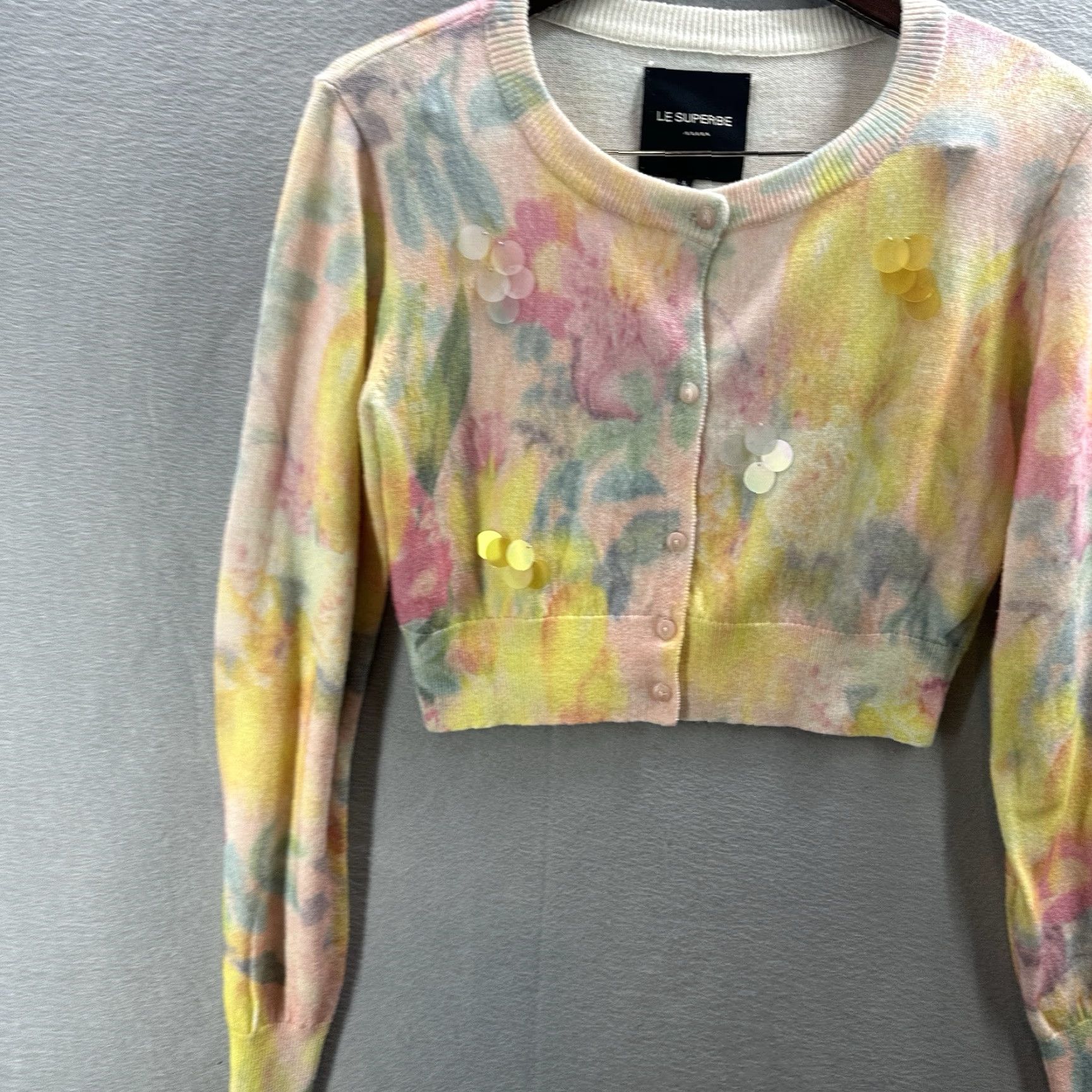 Le Superbe Le Superbe Wool Blend Floral Cardigan Womens Large Yellow Shirt? Size L / US 10 / IT 46 - 3 Thumbnail