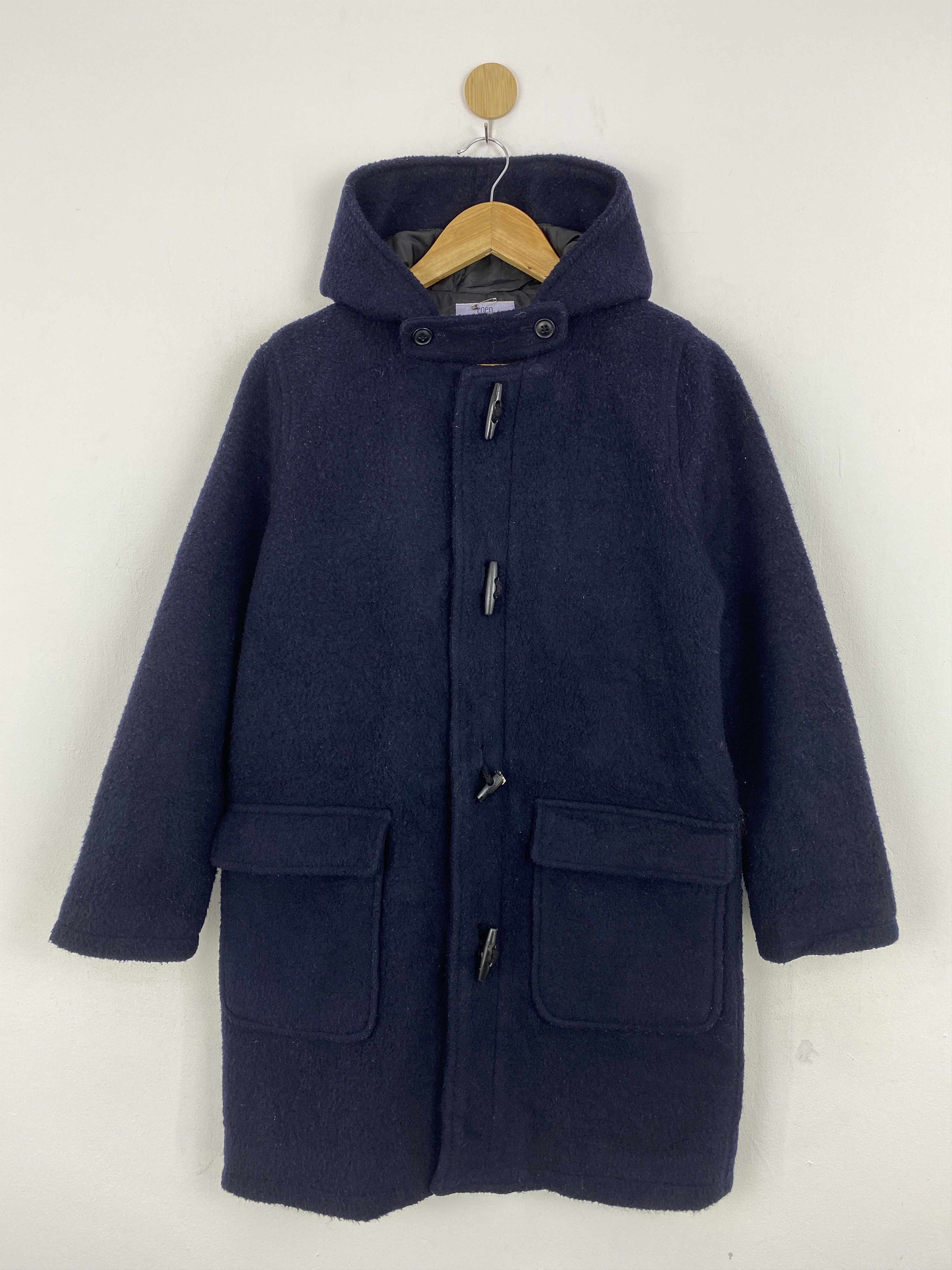image of Vintage Duffle Coat Wool Hooded Jacket in Dark Blue, Men's (Size Medium)