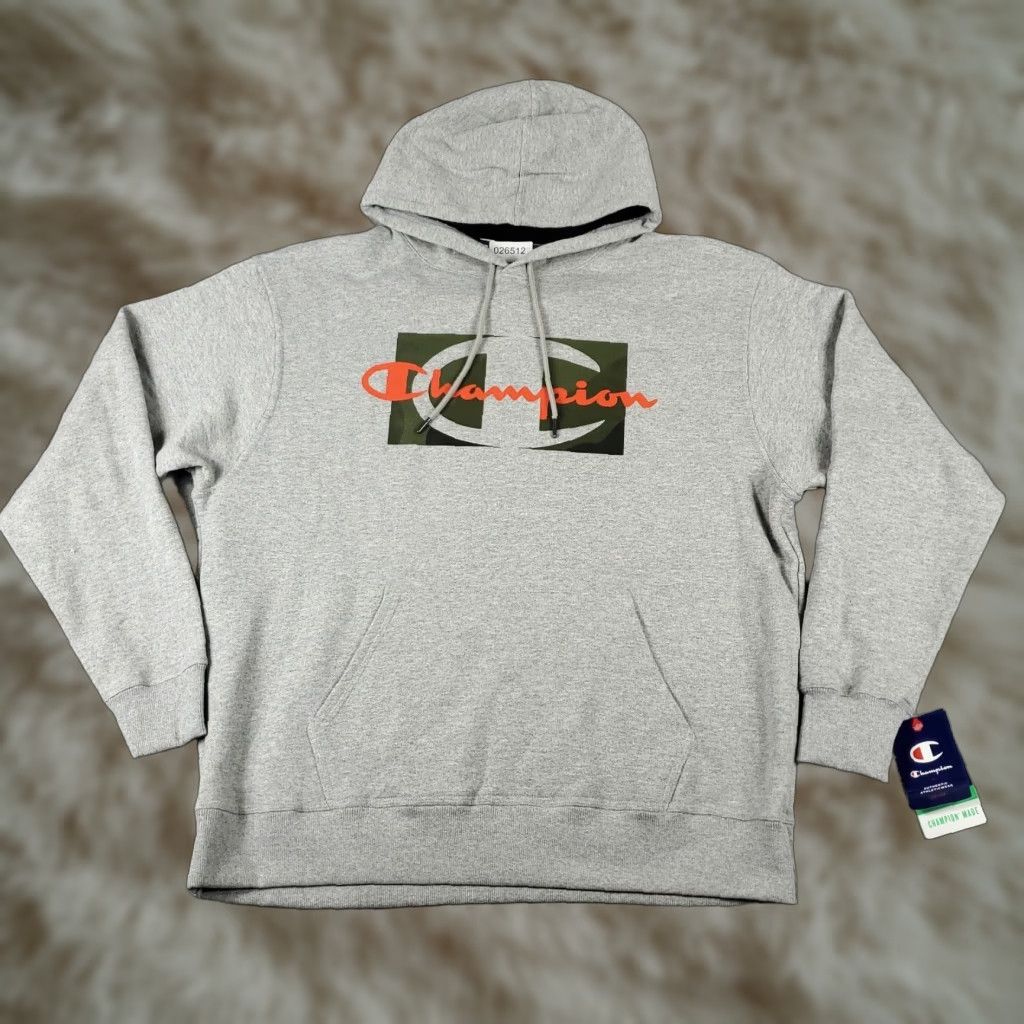 Champion Gray Hoodie Mens XL Pullover Sweatshirt Adjustable Fleece Logo Casual Sports