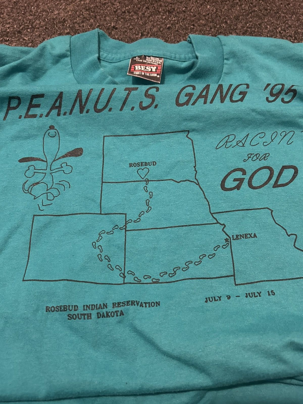 Vintage 1995 Racin For God Peanuts Gang Snoopy Large turquoise Tee Size US L / EU 52-54 / 3 - 4 Thumbnail
