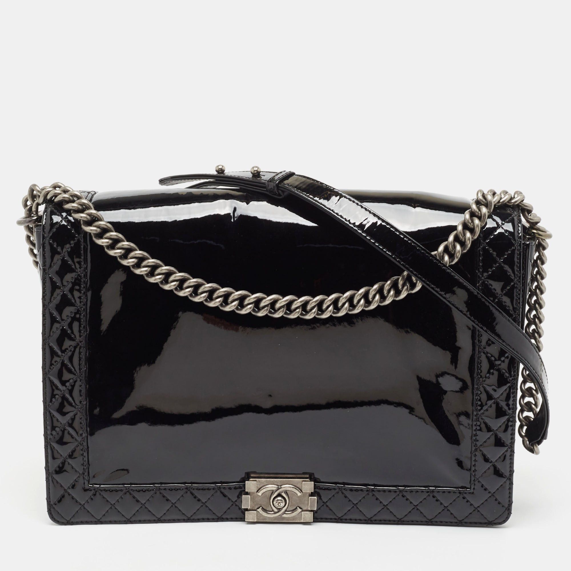 image of Chanel Black Patent Leather Large Reverso Boy Flap Bag, Women's
