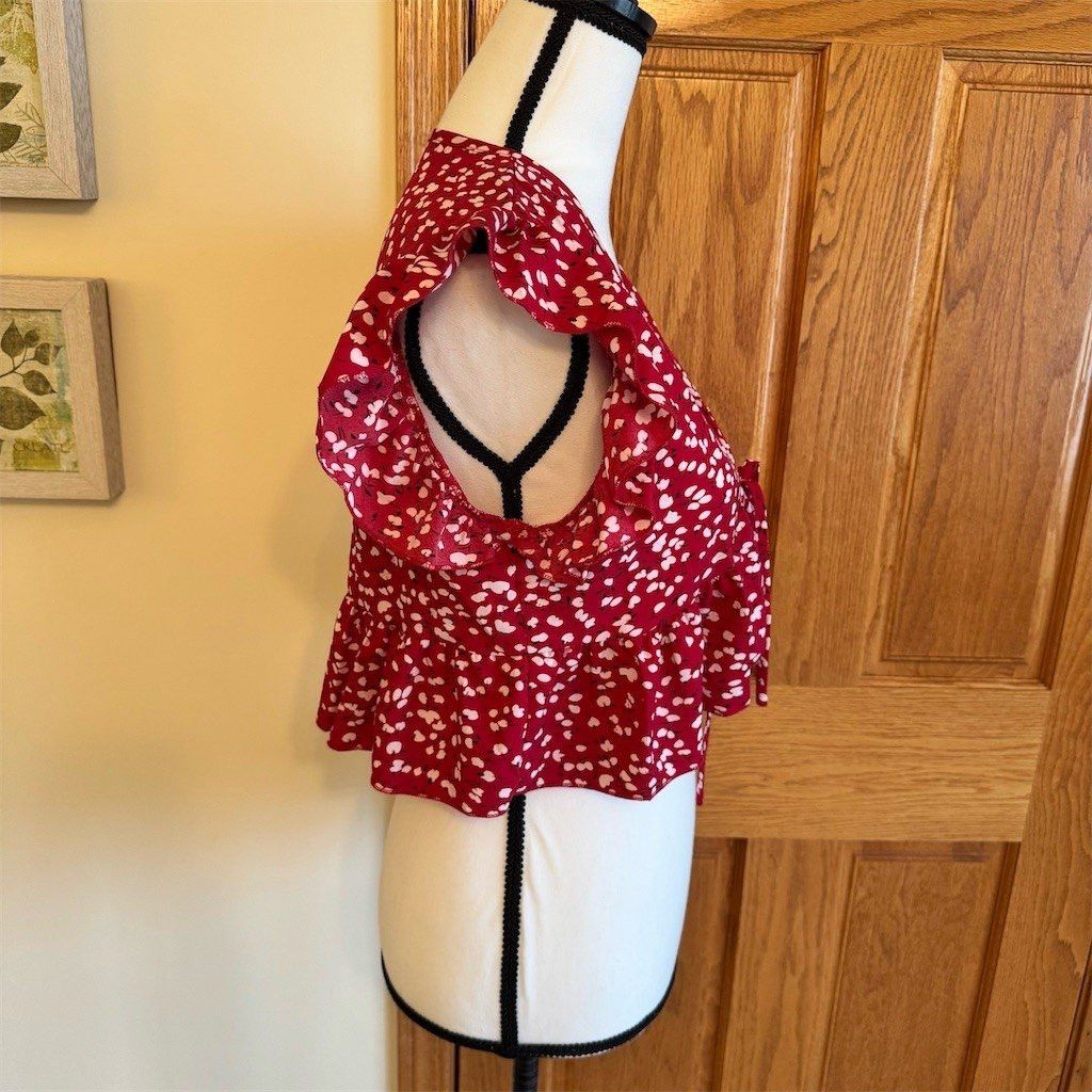 Shein SHEIN Blouse Womens Size M Red Ditsy Floral Tie Front Ruffl Size M / US 6-8 / IT 42-44 - 4 Thumbnail