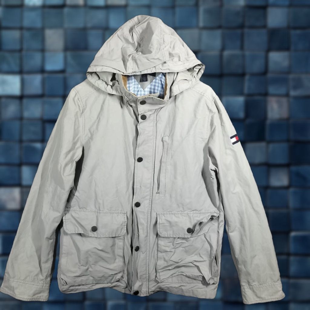 Tommy Hilfiger Tommy Hilfiger Jacket Mens Medium Gray Hooded Cotton Blend Parka Gingham Lined Size US M / EU 48-50 / 2 - 1 Thumbnail