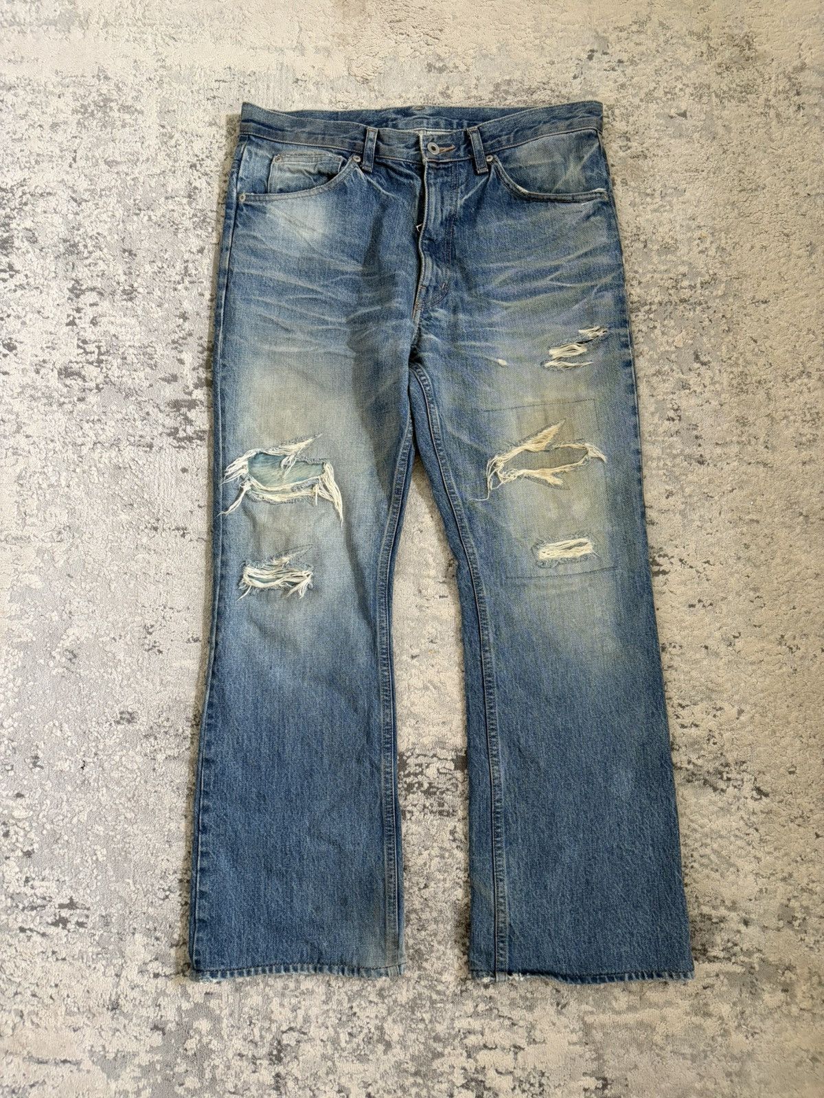 Isamu Katayama Backlash AW12 Blue Cowhide Leather Heelbite Repair Bootcut Denim Size US 33 - 1 Thumbnail