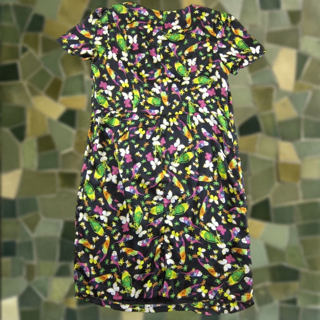 Vintage eShakti Black Pink Green Bird Short Sleeve V-Neck Sheath Wrap Dress Woman 2XL Size 40" / US 18 - 1 Thumbnail