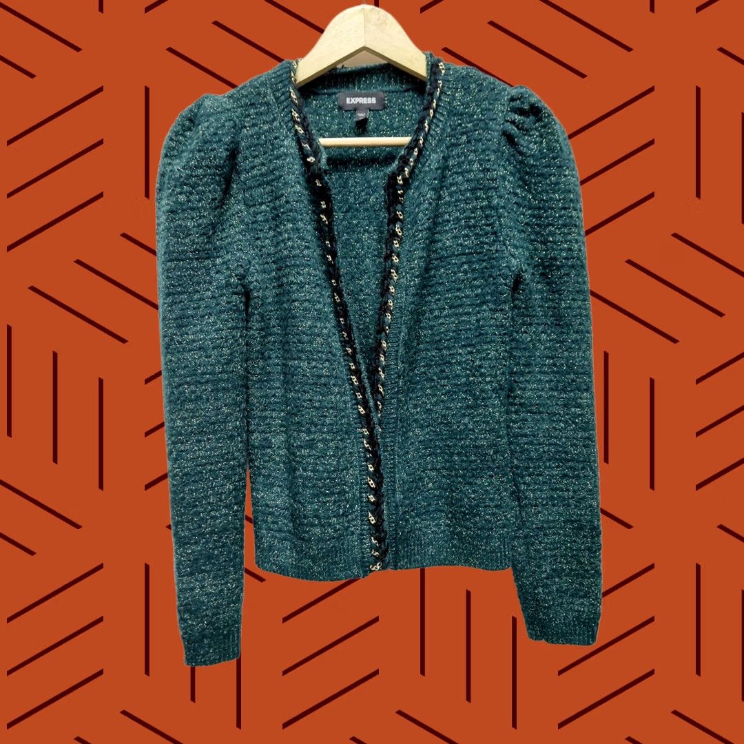 Express Express Wool Knit Cardigan Green Solid Long Sleeve XS Pullover Puff Sleeve Button Open Front Women Knit Wool Blend Regular Fit Autumn Winter Spring Size XS / US 0-2 / IT 36-38 - 1 Thumbnail