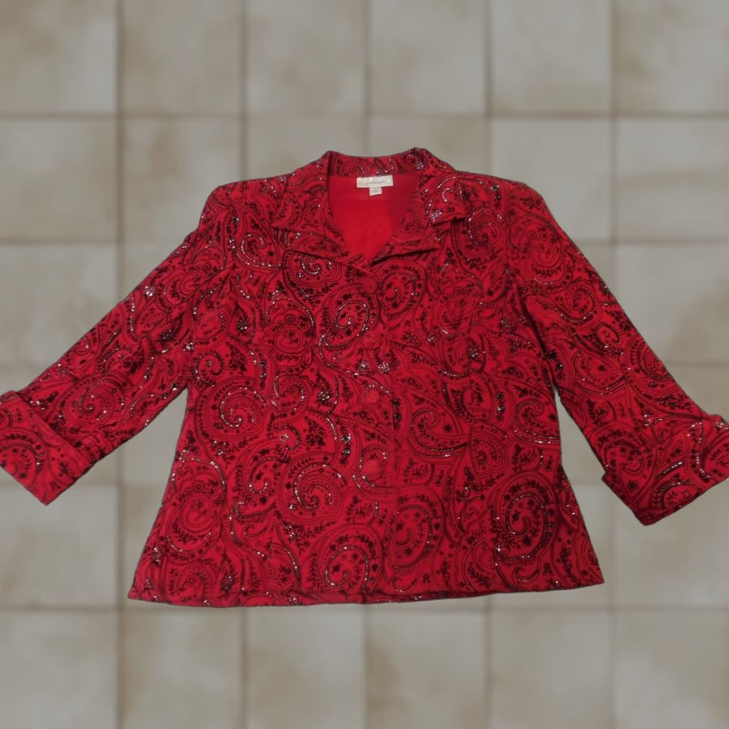 Vintage Dressbarn Blazer Jacket Womens M Red Floral Long Sleeve Lightweight Polyester Casual Business Size M / US 6-8 / IT 42-44 - 1 Thumbnail