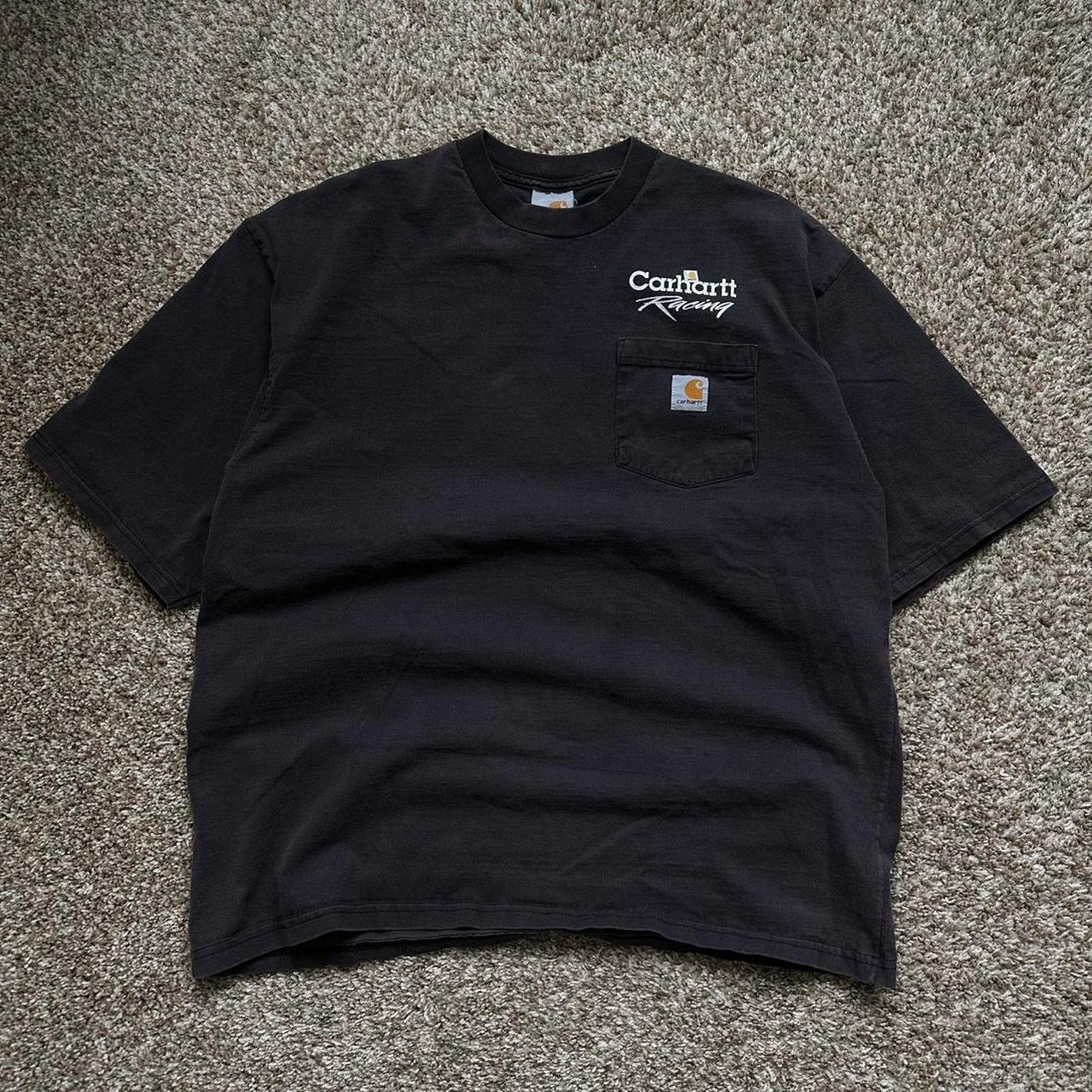 Rare Vintage 90s Black Carhartt Racing Faded Pocket T Shirt