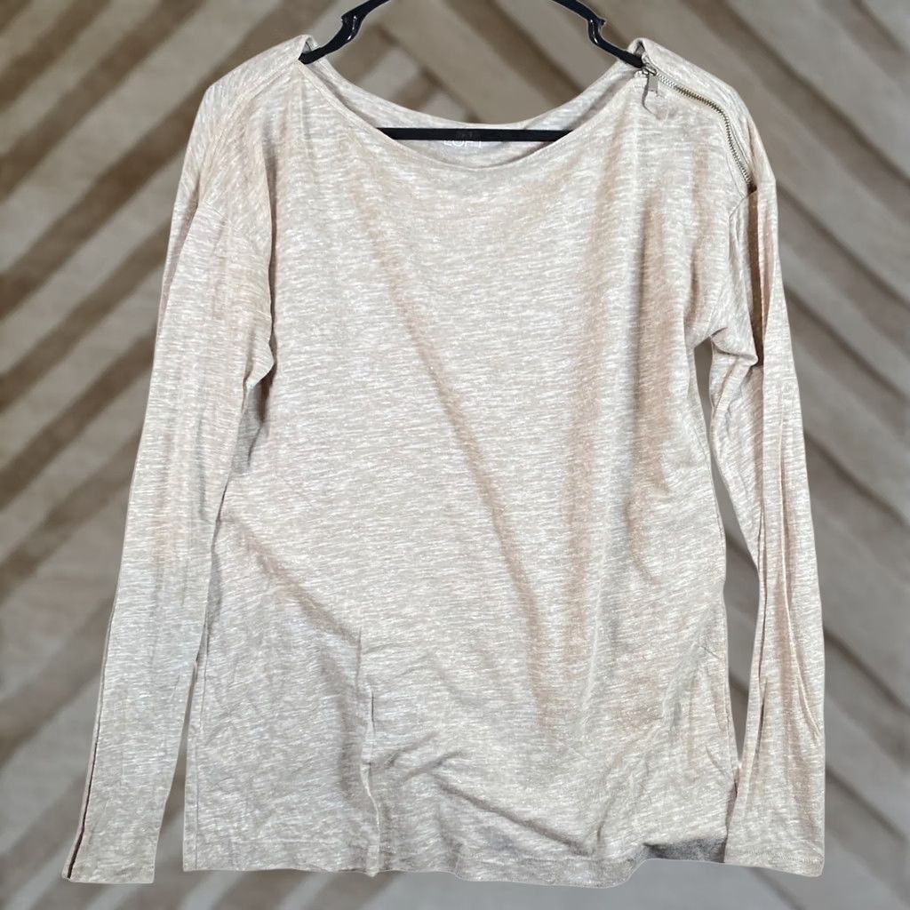 Ann Taylor Ann Taylor LOFT Womens Shirt Tan Heathered Boat Neck Long Sleeve Stretch Medium Size M / US 6-8 / IT 42-44 - 1 Thumbnail