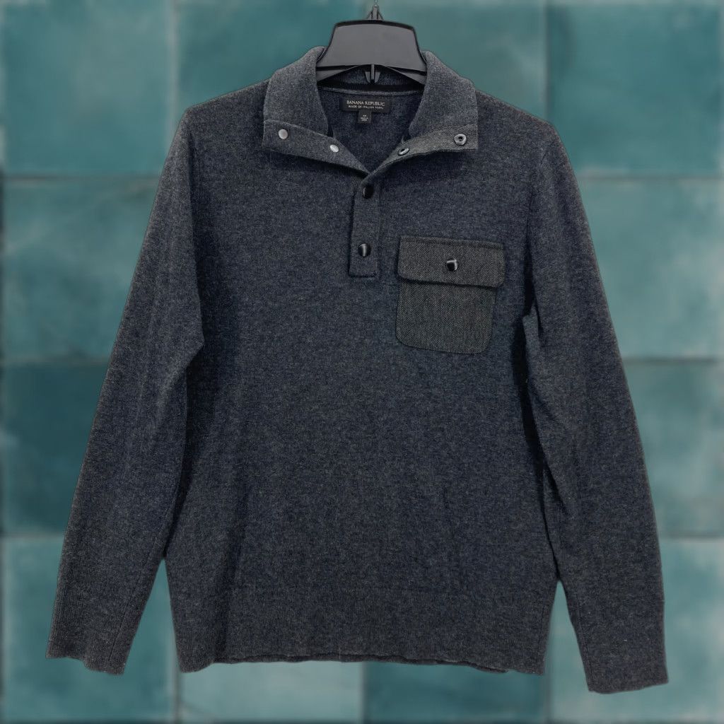 Banana Republic Banana Republic Merino Wool Mock Neck Sweater Mens Medium Gray Pocket Button Snap Up Pullover Casual Classic Preppy Size US M / EU 48-50 / 2 - 1 Thumbnail
