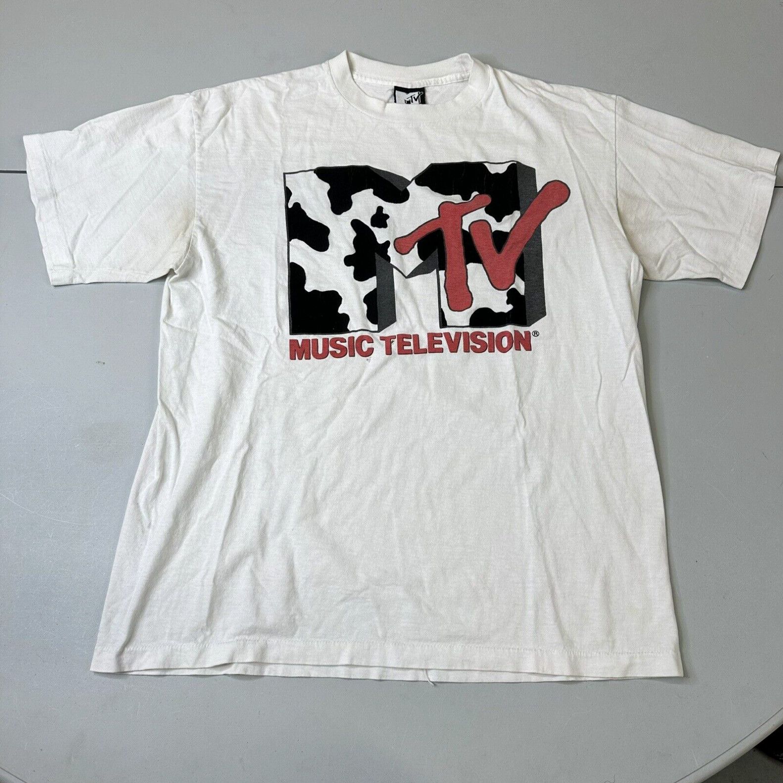 image of Logo 7 Vintage Mtv 1991 Shirt Cow Logo Music Television Rock Band Tee in White, Men's (Size XL)