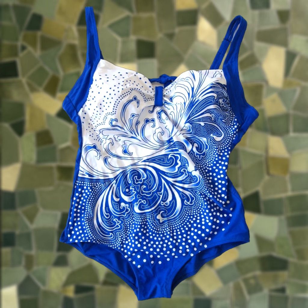 Vintage VINTAGE Cocopear Blue White Floral Wave Polka Dot One Piece Swimsuit Women Size XL Size ONE SIZE - 1 Thumbnail
