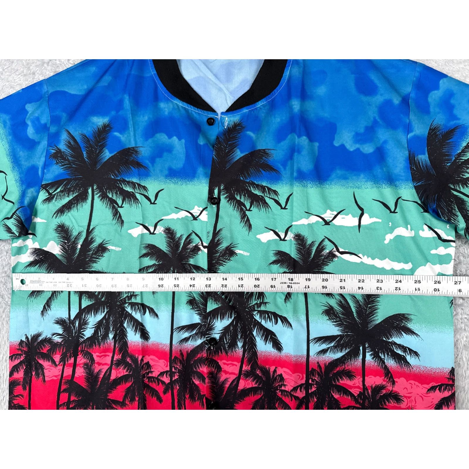 Vintage Hawaiian Shirt Men 2XL Blue Pink Polyester Palm Tree Sunset Short Sleeve Floral Button-Up Casual Size US XXL / EU 58 / 5 - 6 Thumbnail