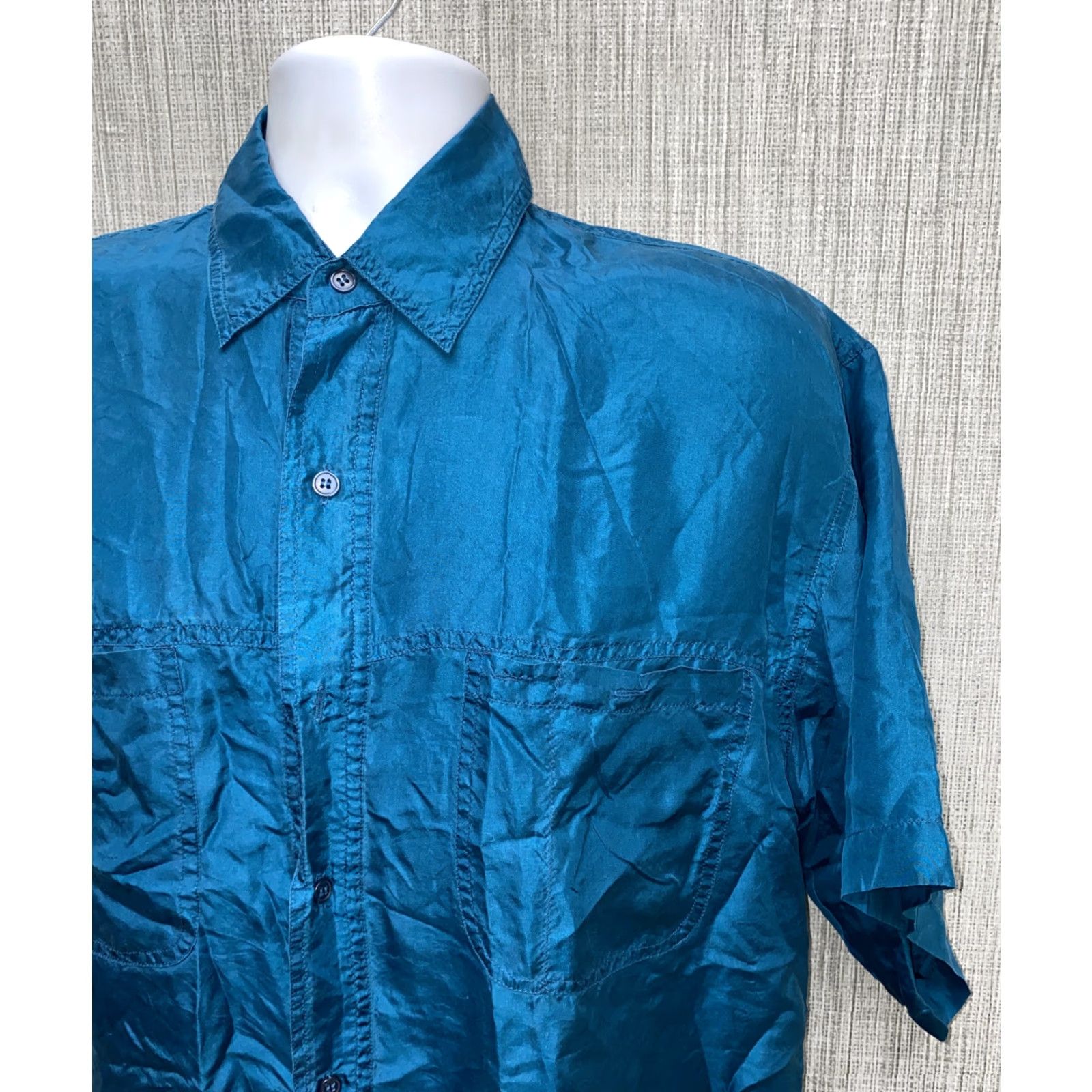Vintage Ruok Mens Blue Silk Short Sleeve Button-Down Shirt M Button Front Collar Up Shirt Mens Regular Size M Size US M / EU 48-50 / 2 - 2 Thumbnail