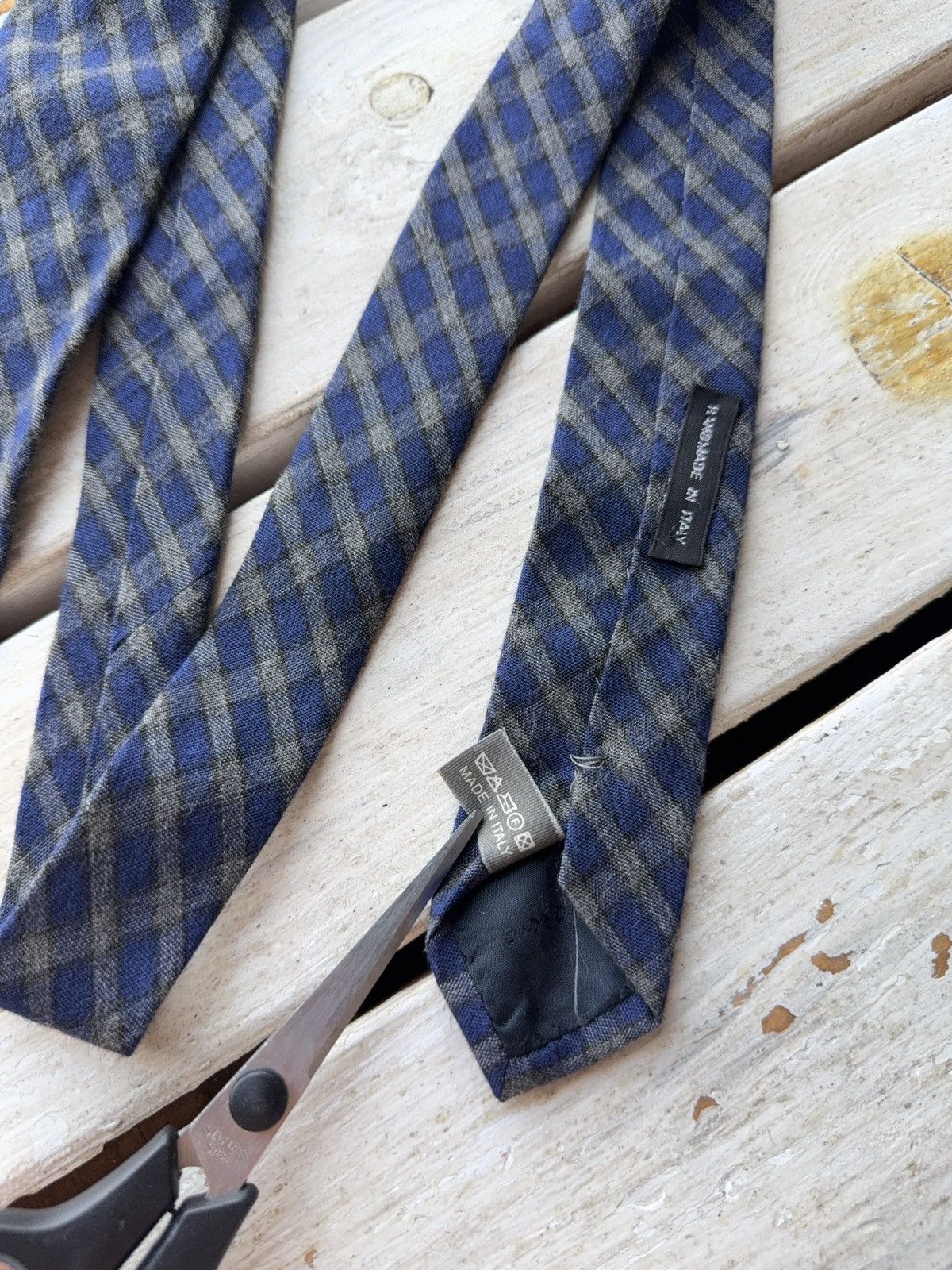 Designer × Giorgio Armani × Vintage Giorgio Armani Viscose Plaid Tie Blue Gray Check Made Italy Size ONE SIZE - 5 Thumbnail