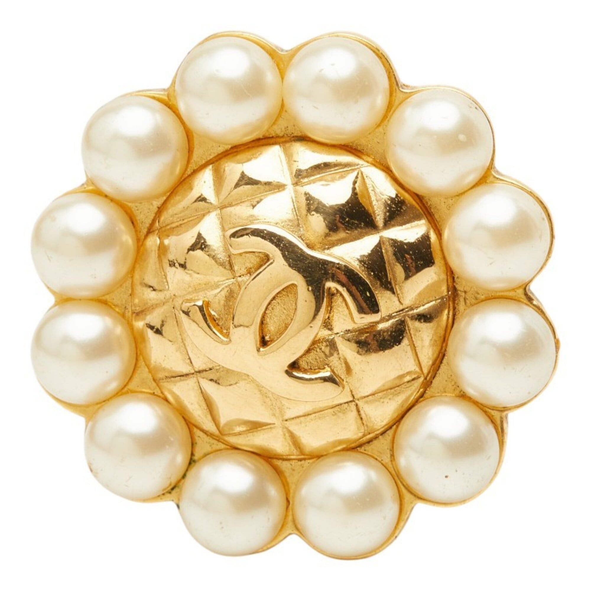 Chanel Chanel Matelassé Coco Mark Vintage Earring (Single Earring) Gold Faux Pearl Plated CHANEL Size ONE SIZE - 1 Thumbnail
