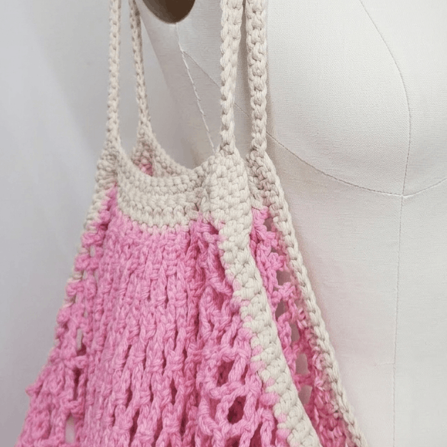 Handmade Market Bag Pink 100% Cotton Crochet French Farmers Net groc Size ONE SIZE - 5 Thumbnail