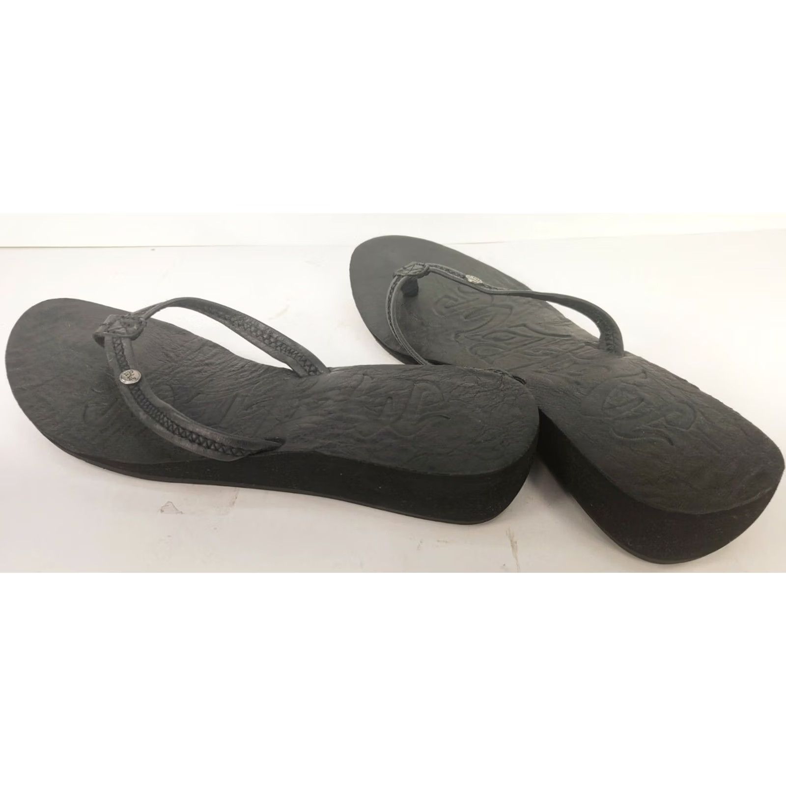 Doublet Mad Love Double Down Thong Wedge Sandals Women's 9M Black Leather Footbed Leather Trimwork Slip On Low Heel Casual Comfort & Style Sandal Size US 9 / IT 39 - 5 Thumbnail