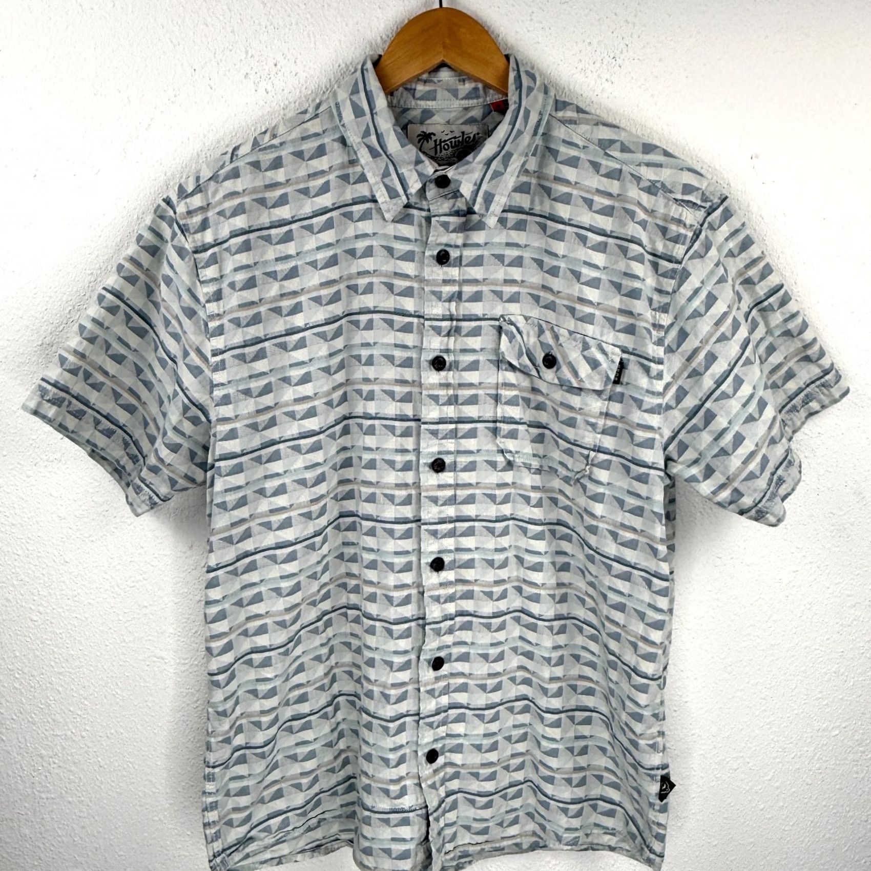 Howler Brothers Howler Brothers Shirt Mens M Preppy 100% Cotton Button Up Short Sleeve Blue Geometric Pattern Regular Fit 46 Chest Adult Men Size US M / EU 48-50 / 2 - 2 Thumbnail