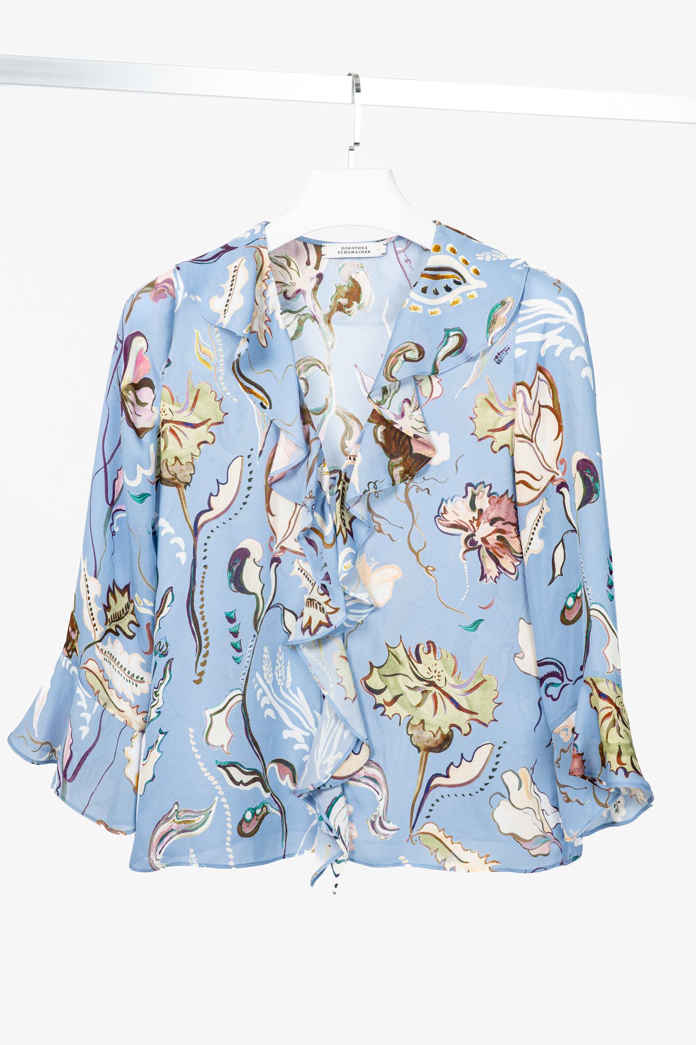 DOROTHEE SCHUMACHER Dorothee Schumacher Floral Twist Blue Silk Ruffle Blouse Size XS / US 0-2 / IT 36-38 - 1 Thumbnail