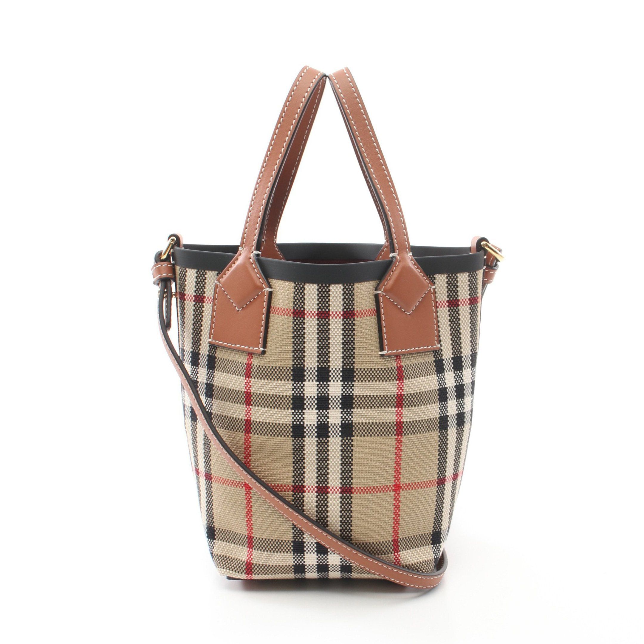 Burberry Mini London Tote Check Handbag Bag Canvas Leather Beige Brown Multicolor, Women's