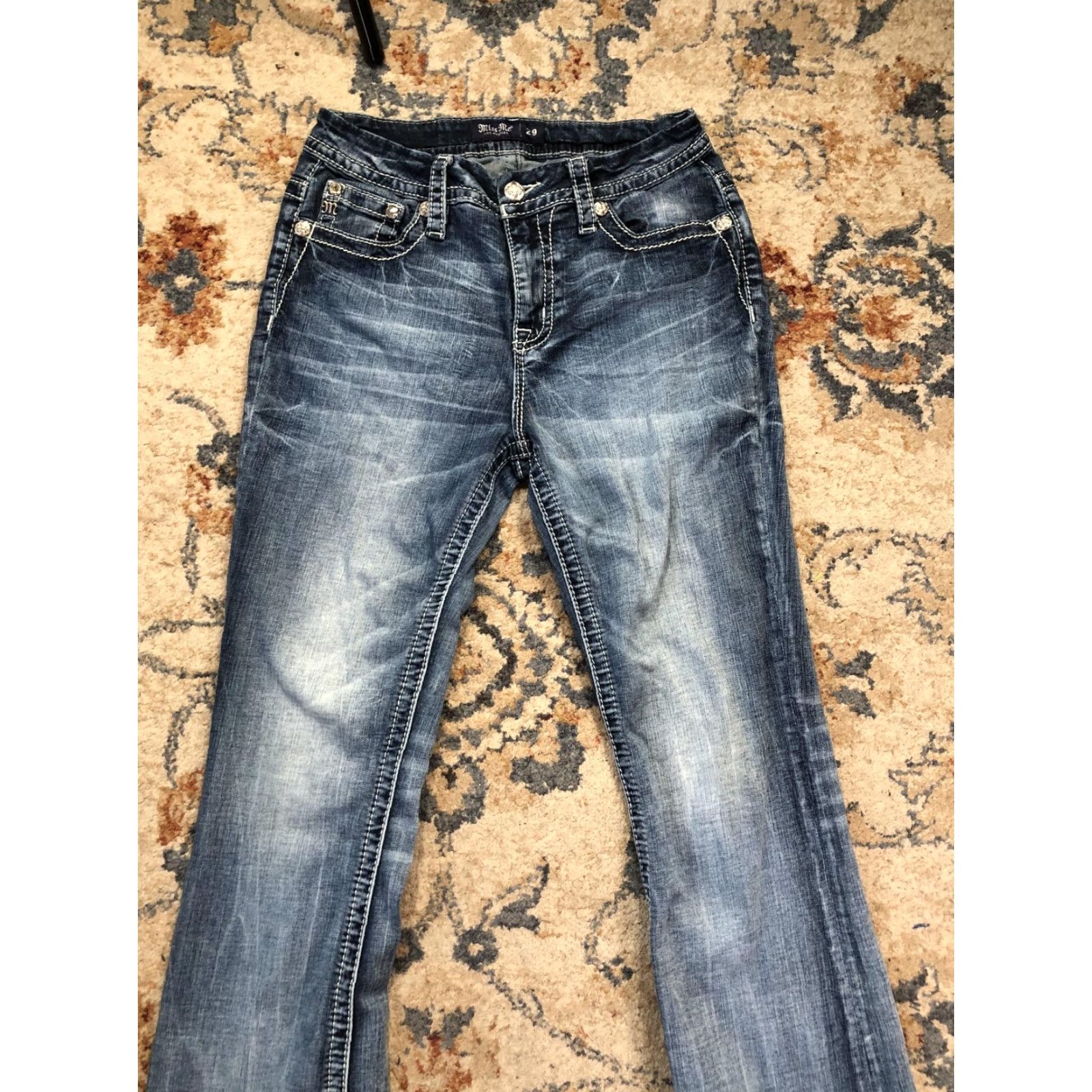 Miss Me Miss Me Jeans Womens 29 Blue Bootcut Horseshoe Embroidered Rhinestone Pockets Jeans Size 29" - 3 Thumbnail