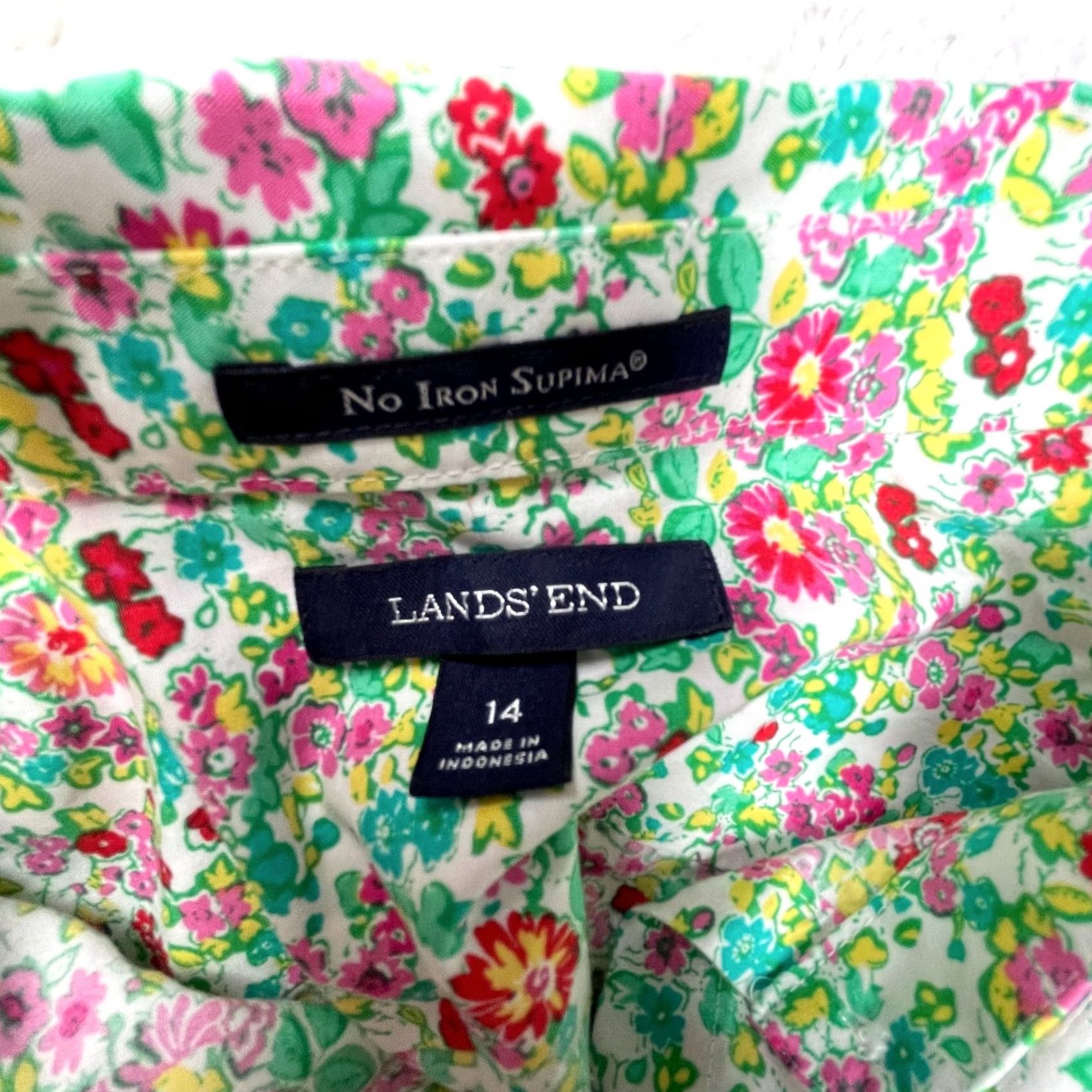 Lands' End Lands' End Women's Button Down Floral Top Long Sleeve Cotton Green Sz 14 Size XL / US 12-14 / IT 48-50 - 3 Thumbnail