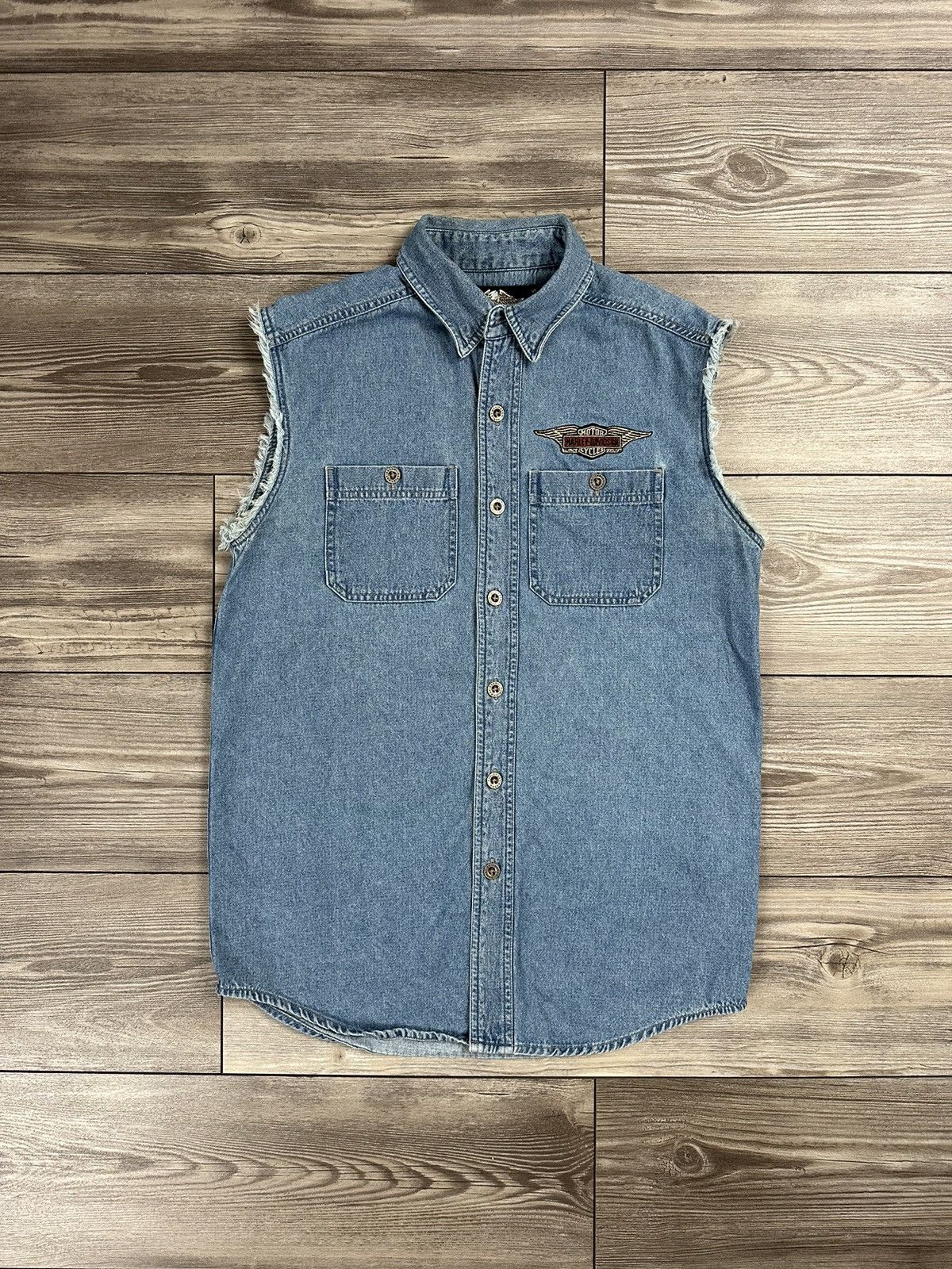 Y2K Harley Davidson Sleeveless Denim Button Up