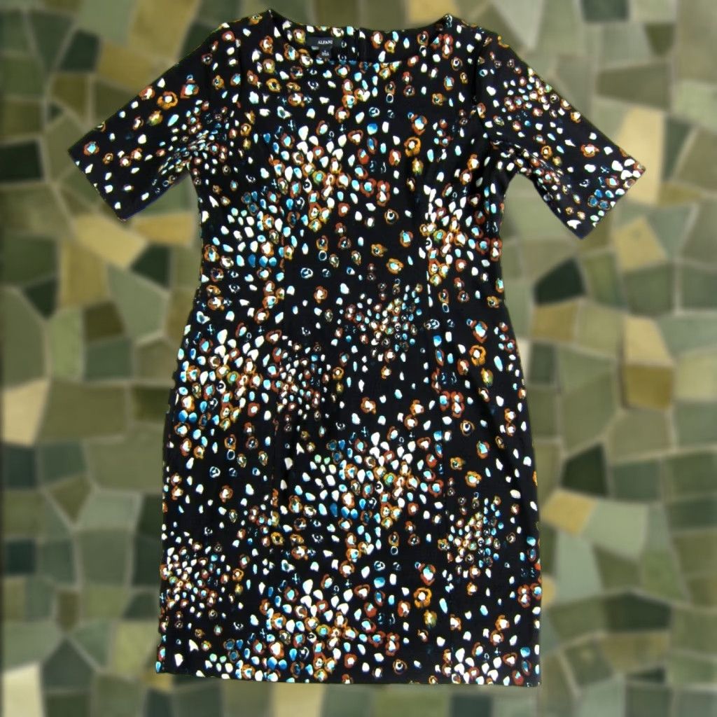 Alfani NWT Alfani Dress Short Sleeve Sheath Black Polka Dot Stretch Midi Zip 6 Womens Size 28" / US 6 / IT 42 - 1 Thumbnail