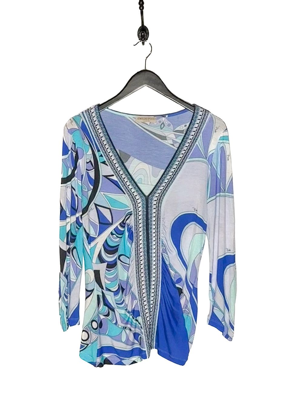 Emilio Pucci Emilio Pucci Blue Multicolour Print V-neck Top Size M / US 6-8 / IT 42-44 - 1 Thumbnail