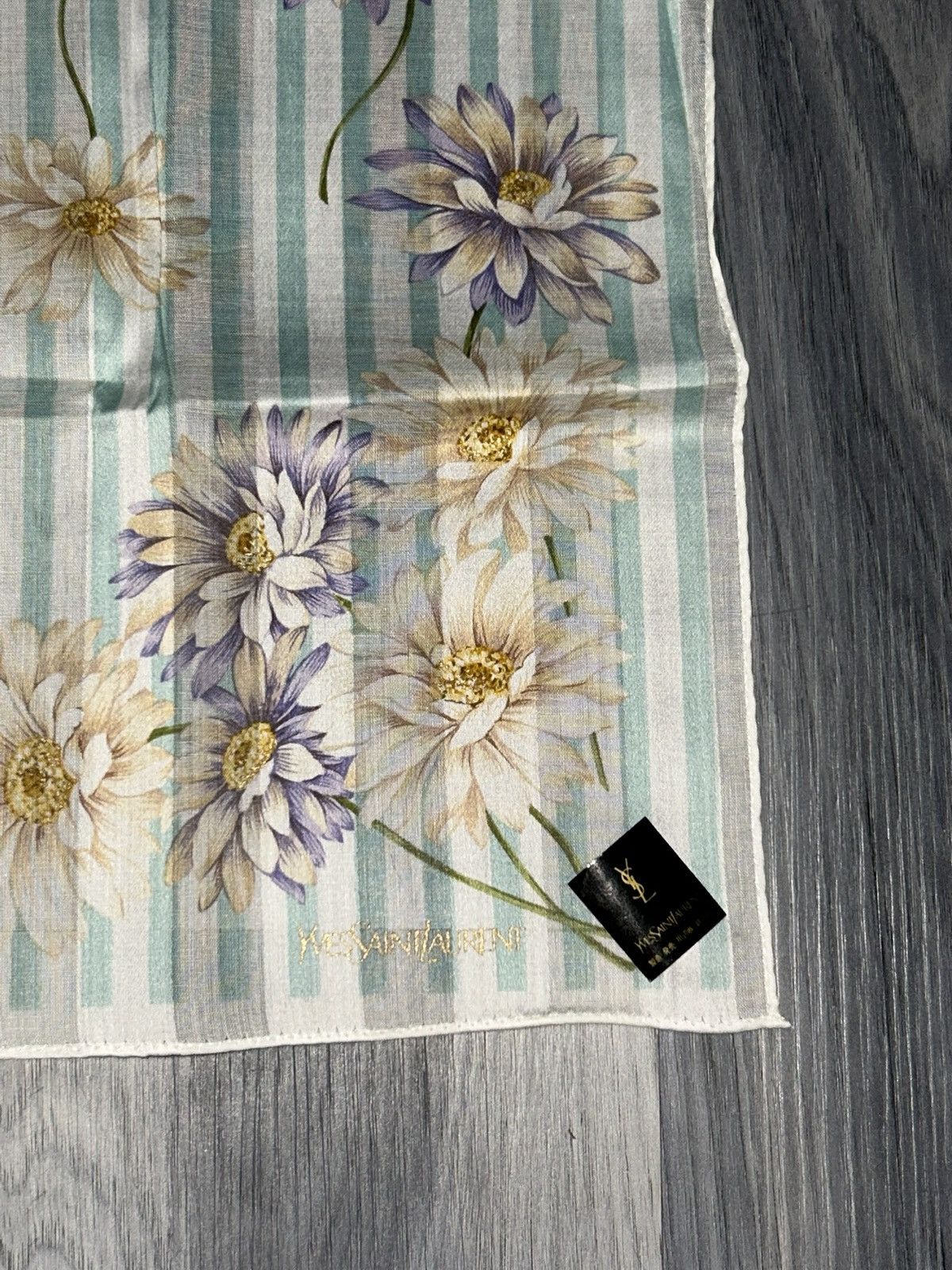 Yves Saint Laurent YSL Vintage Mint & White Striped Floral Cotton Handkerchief Size ONE SIZE - 4 Thumbnail