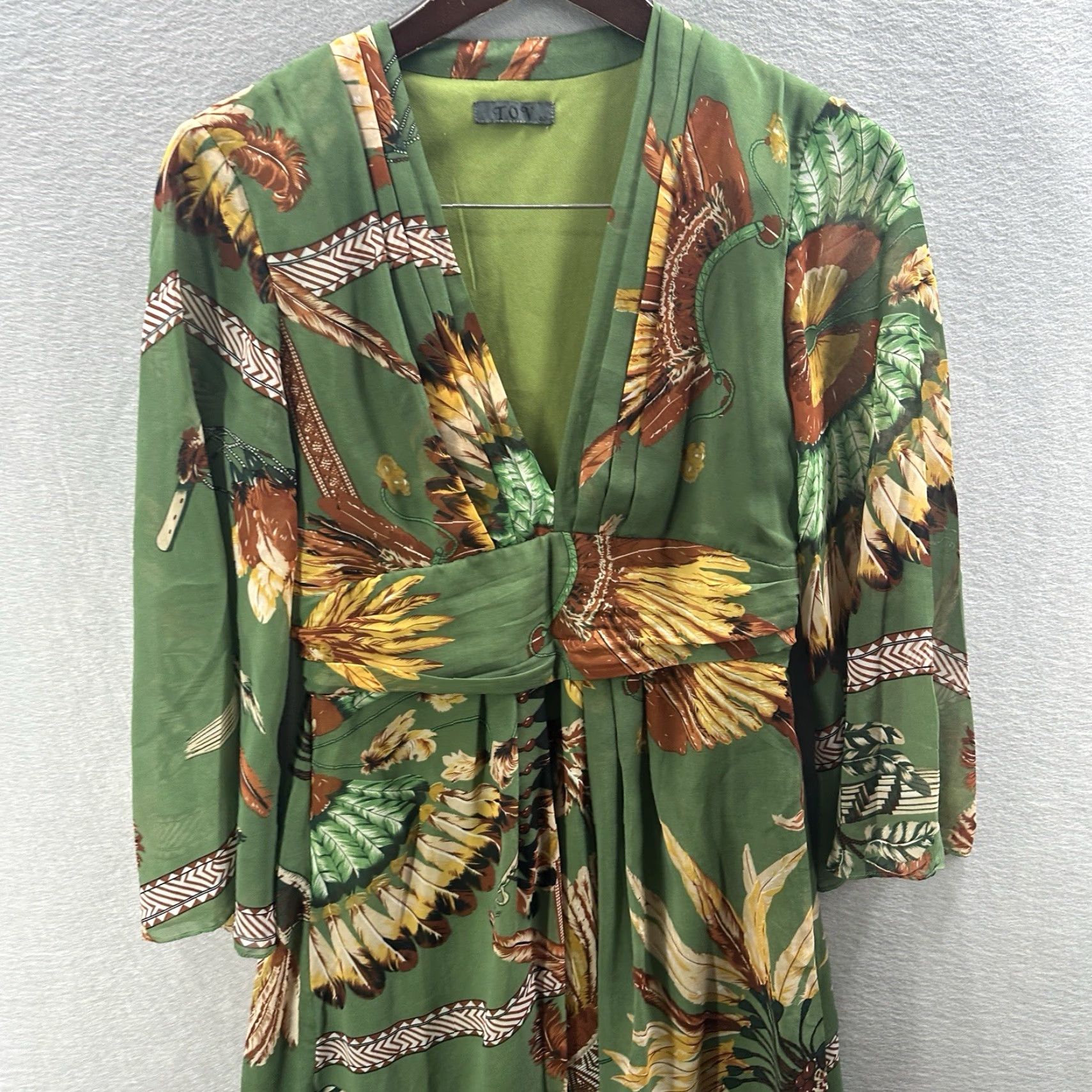 Vintage TOV Dress Womens S Green Silk Lined Feather Bohemian V-Neck Knee Length Vintage No Size S / US 4 / IT 40 - 3 Thumbnail