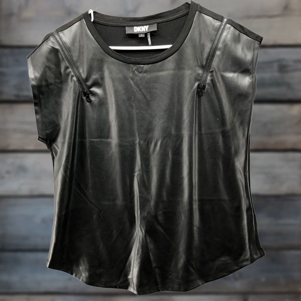 DKNY DKNY Faux Leather Front Zip Accent Top Womens M Black Mixed Media Dolman Shirt Size M / US 6-8 / IT 42-44 - 1 Thumbnail