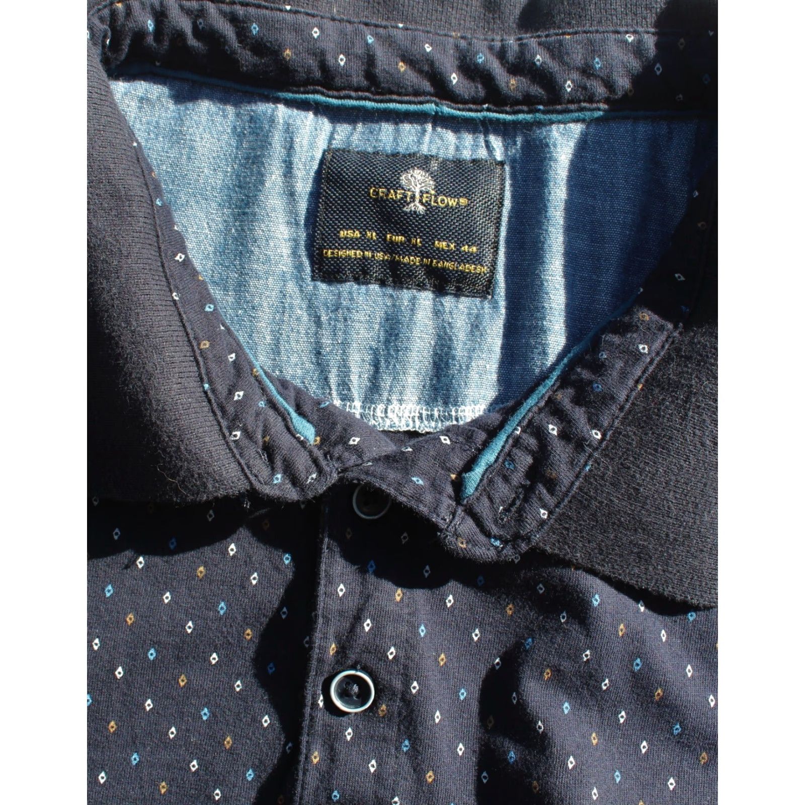 Vintage Craft + Flow Polo Shirt XL Short Sleeve Collared Navy Blue Diamond All Over Mens Size US XL / EU 56 / 4 - 3 Thumbnail