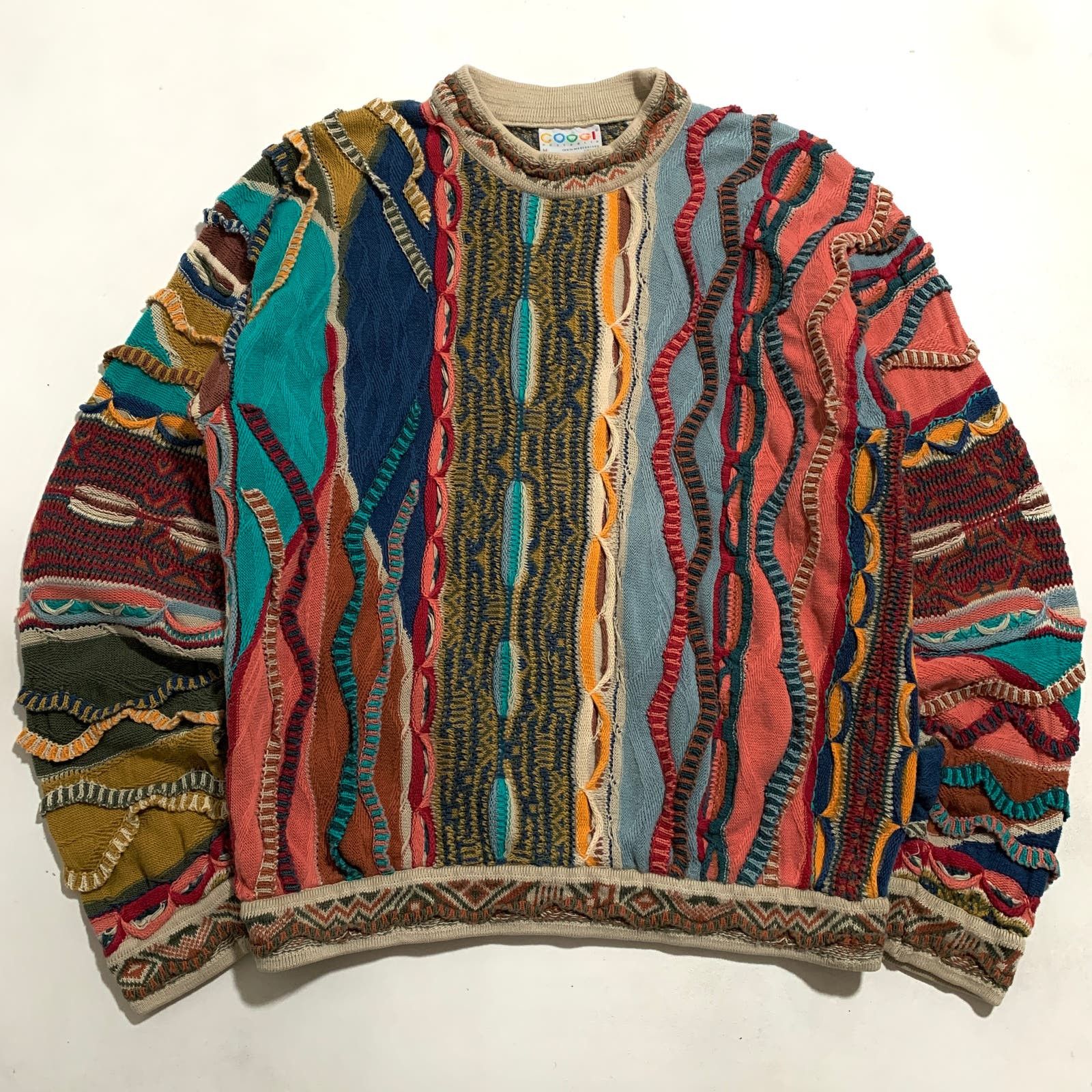image of Vintage Coogi Australia 3D Rainbow Boxy Cable Knit Sweater, Men's (Size Medium)