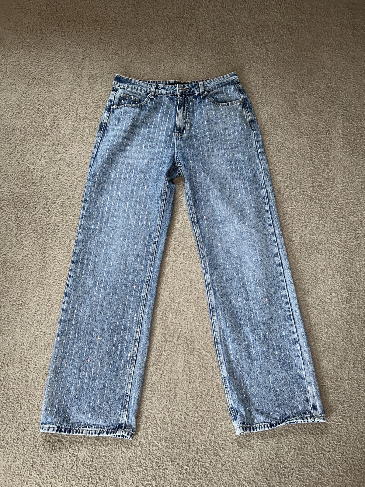Other ✨ UNISEX AMISU – Crystal Rhinestone Pinstripe Wide Leg Jeans Size 34" / US 12 / IT 48 - 2 Thumbnail