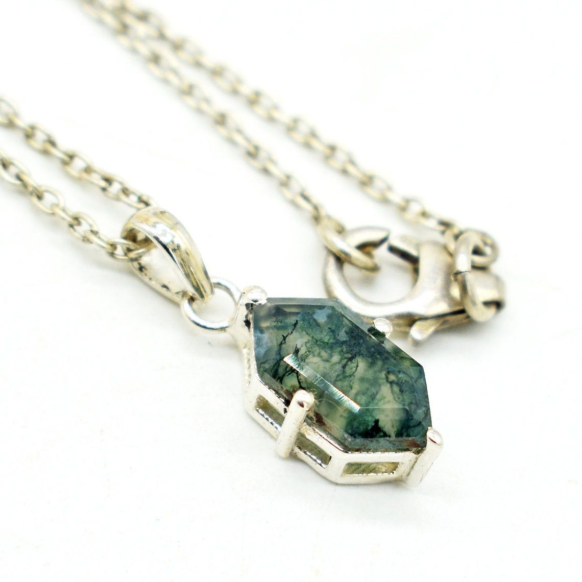Handmade Sterling Silver Moss Agate Gemstone Necklace - 18 Inch Size ONE SIZE - 1 Thumbnail