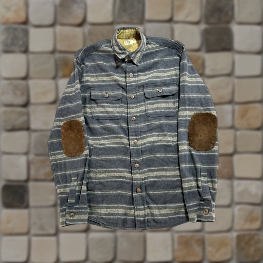 Faherty Shacket Mens Small Gray Flannel Striped Button Front Elbow Patch Pocket Casual Jacket