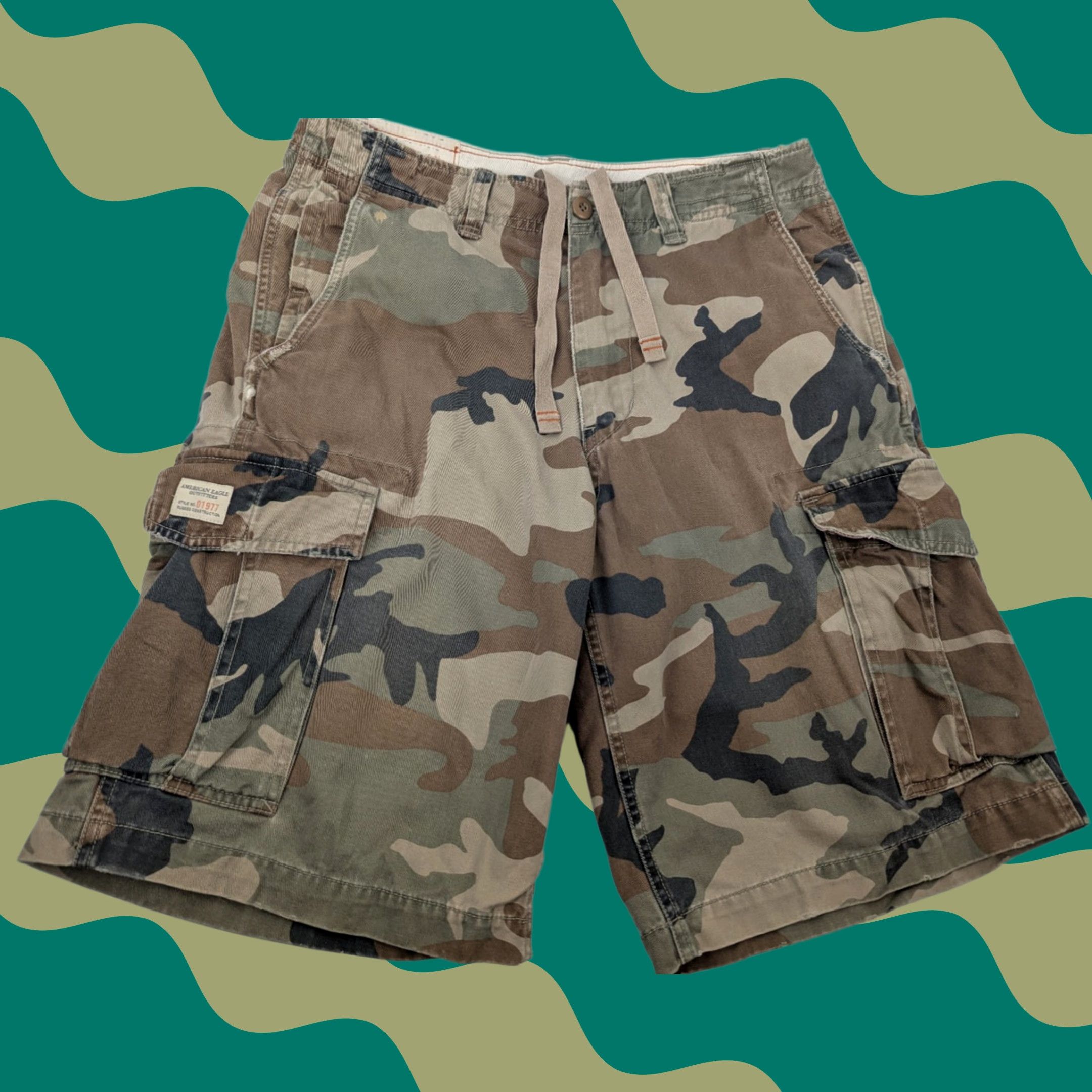 American Eagle Outfitters VINTAGE American Eagle Cargo Shorts Mens 29 Camo Military Drawstring Y2K Distressed Camouflage Pocketed 90s Army Grunge Preppy Casual Mens Size US 29 - 1 Thumbnail