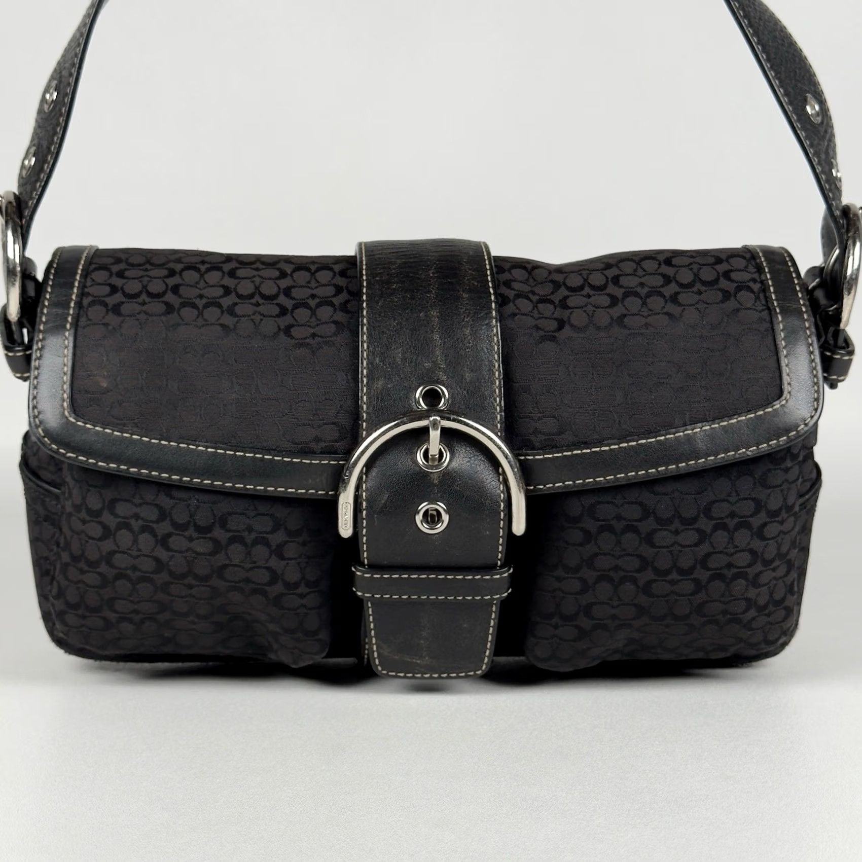 VINTAGE COACH Monogram Soho Flap One Shoulder Bag Canvas Leather 