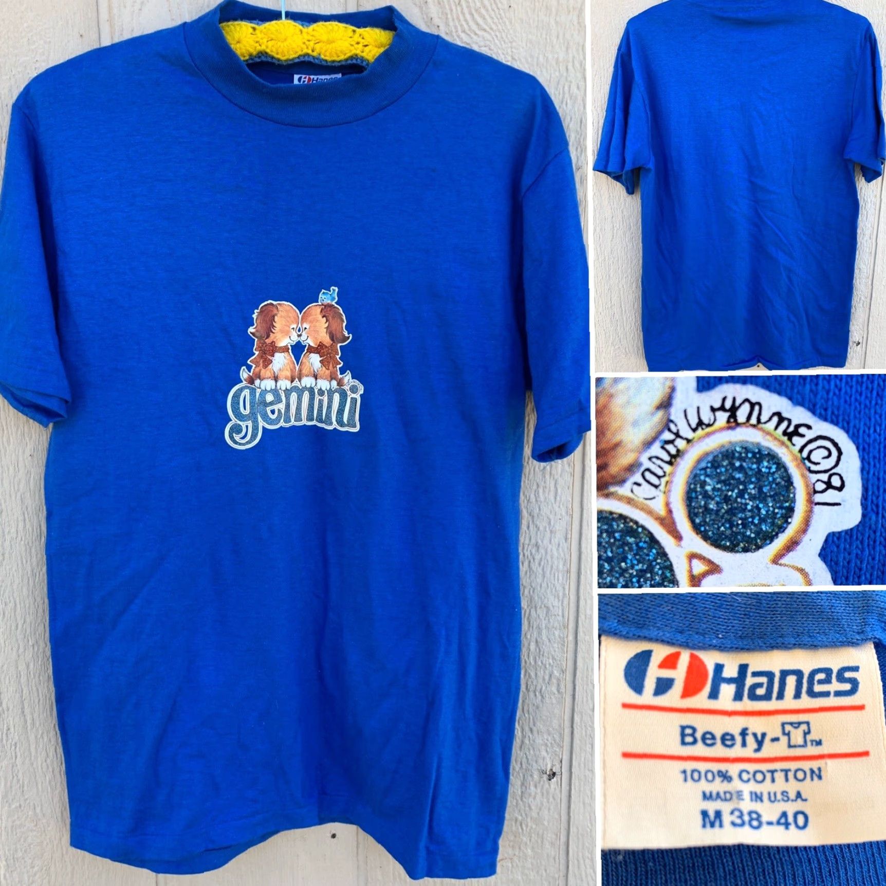 Hanes VINTAGE Hanes Gemini T-Shirt 1980s Iron On Transfer Made In USA M Navy Blue 100% Cotton Mens Sportswear/Beach Shirt Size US M / EU 48-50 / 2 - 2 Thumbnail