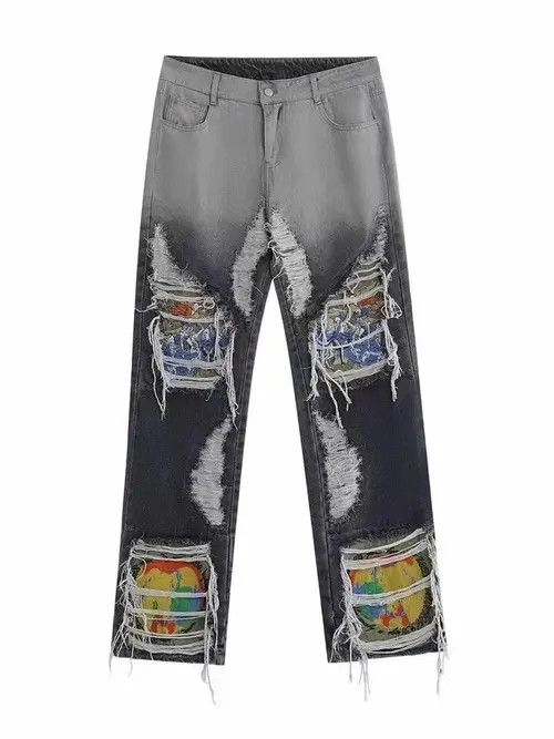 Jean Embroidered Loose Straight Leg Ripped Jeans Size US 35 - 4 Thumbnail