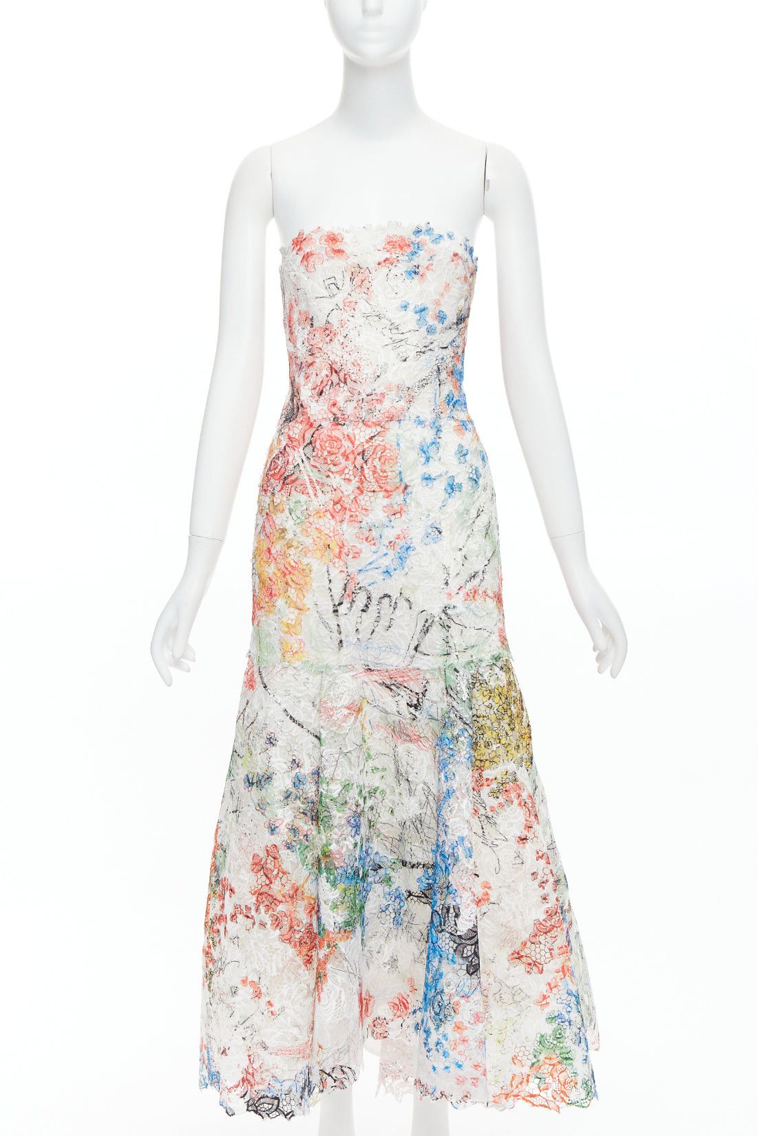 Monique Lhuillier MONIQUE LHUILLIER Runway scribble print lace lace strapless midi dress US8 M Size M / US 6-8 / IT 42-44 - 1 Thumbnail